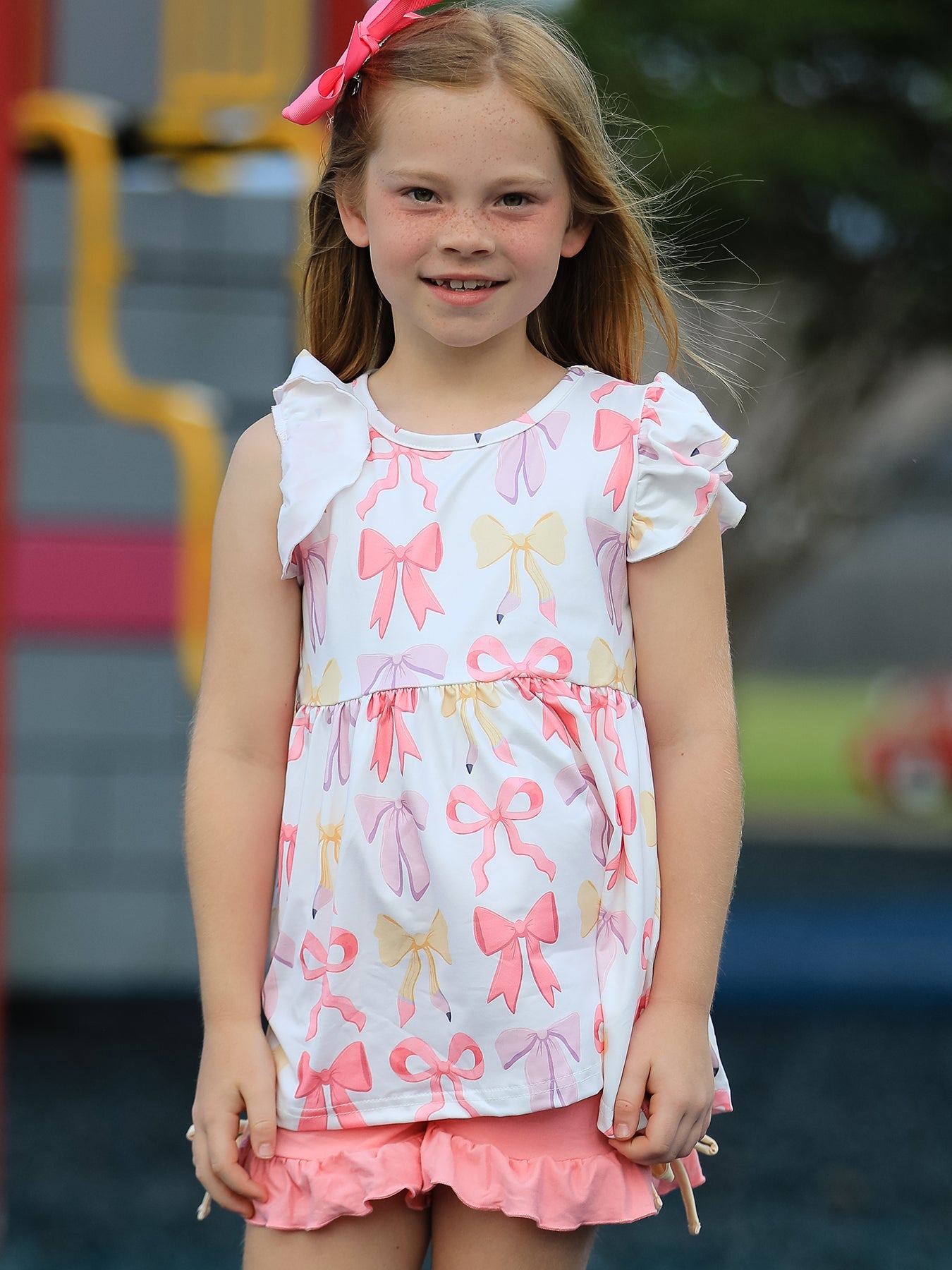 Back To School Girl's Summer Bow Short Sleeve Shorts Set