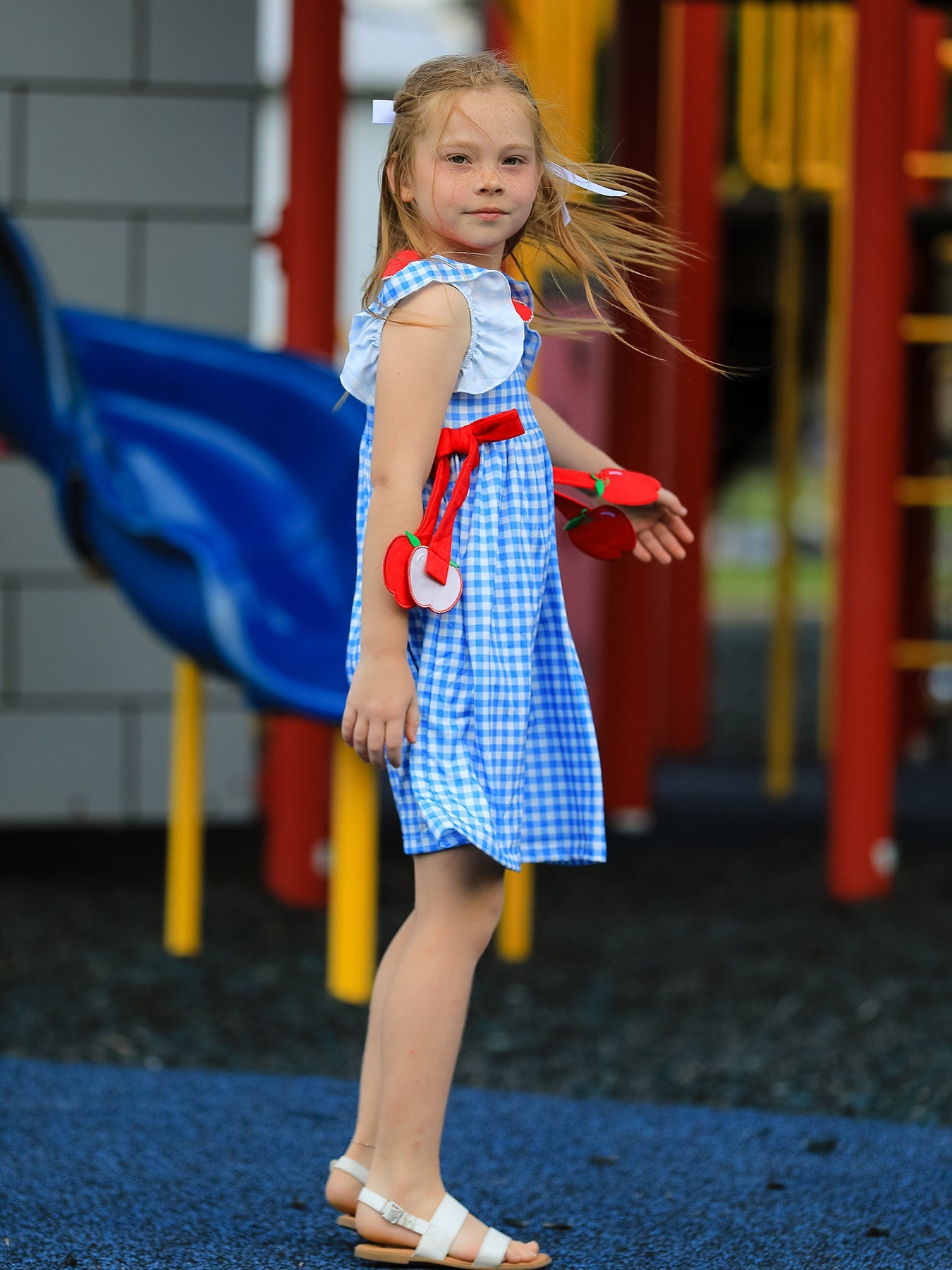 Back To School Girls Striped Lapels Apple Bow Dress