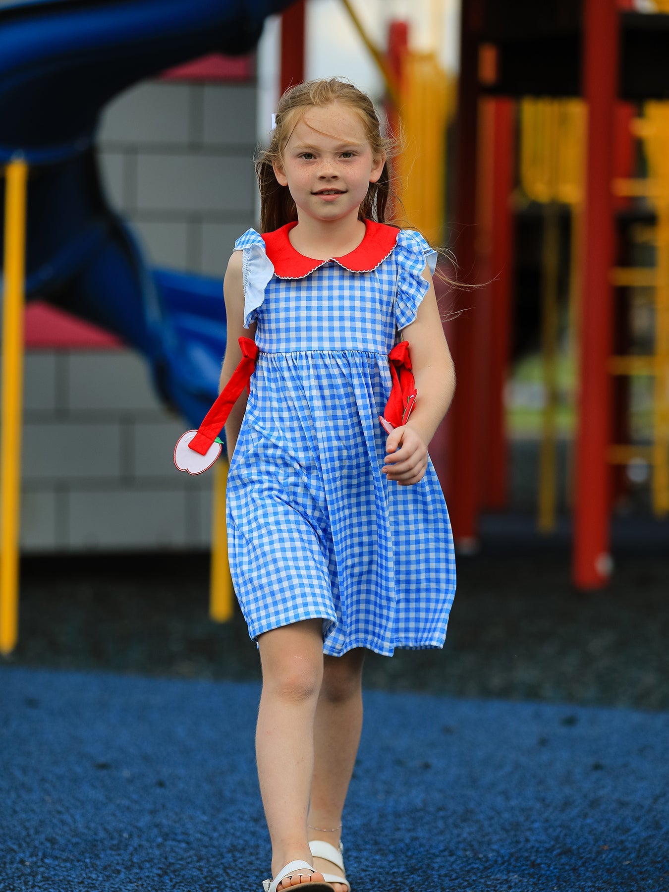 Back To School Girls Striped Lapels Apple Bow Dress