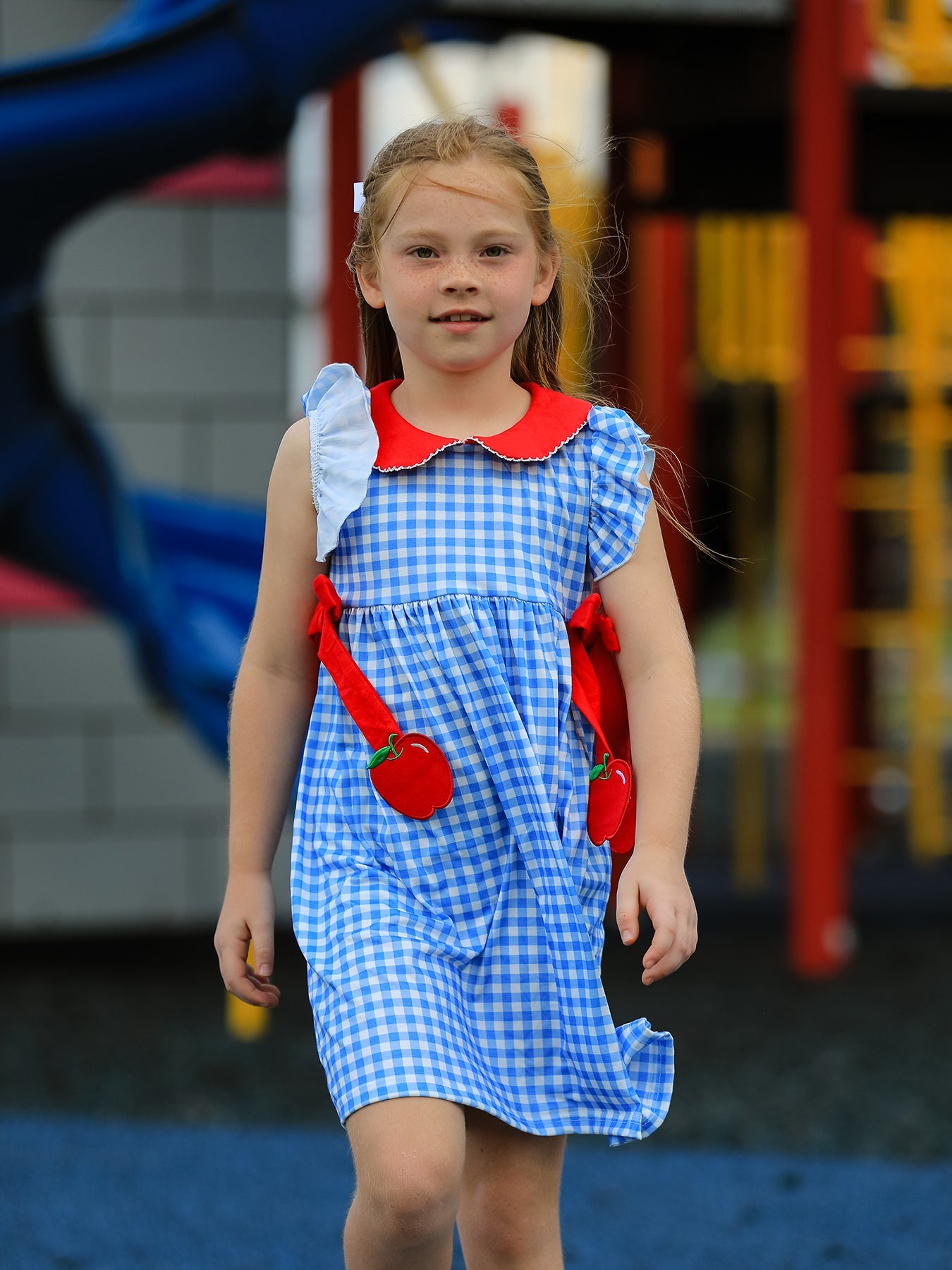 Back To School Girls Striped Lapels Apple Bow Dress