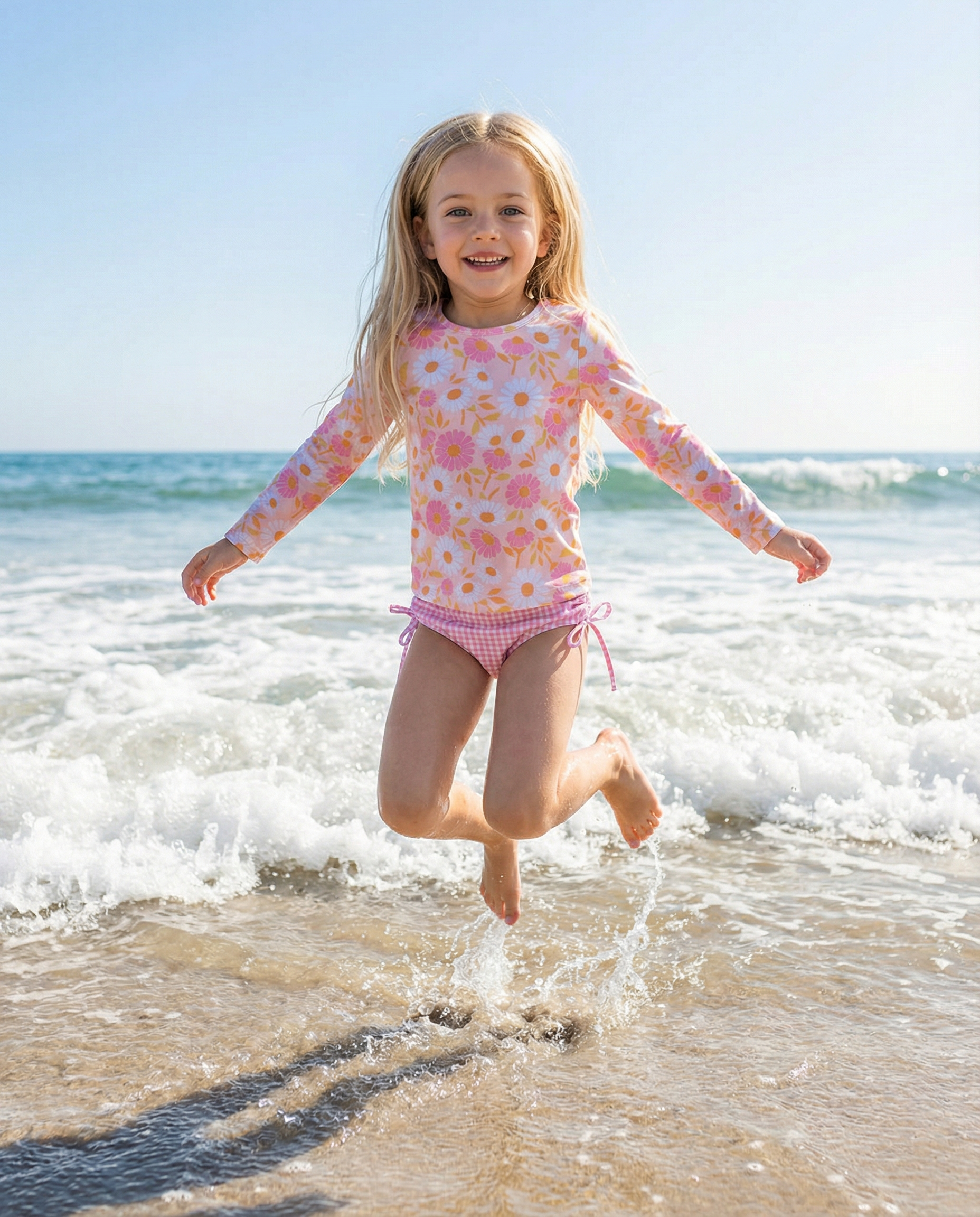 Emily Daisy Check Long Sleeve Rash Guard Swimsuit