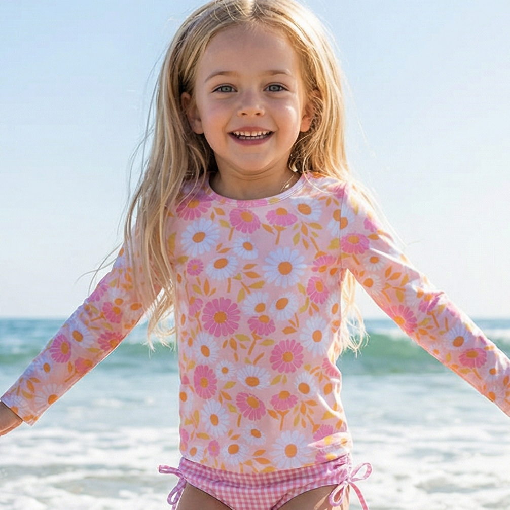Emily Daisy Check Long Sleeve Rash Guard Swimsuit