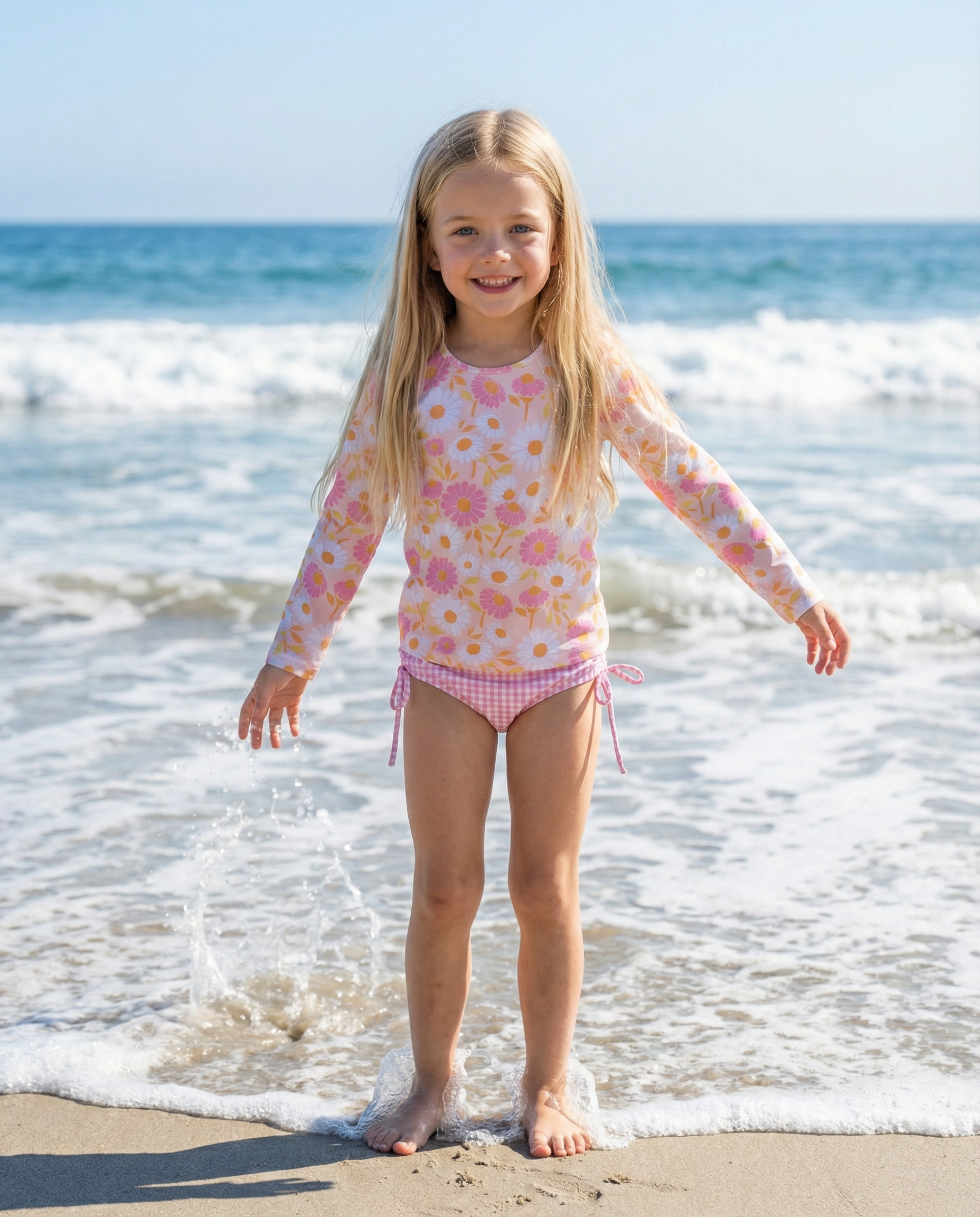 Emily Daisy Check Long Sleeve Rash Guard Swimsuit