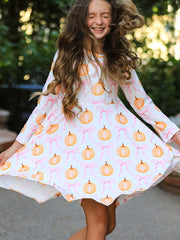 Fall Halloween & Thanksgiving Pumpkin Bow Print Long Sleeve Dress