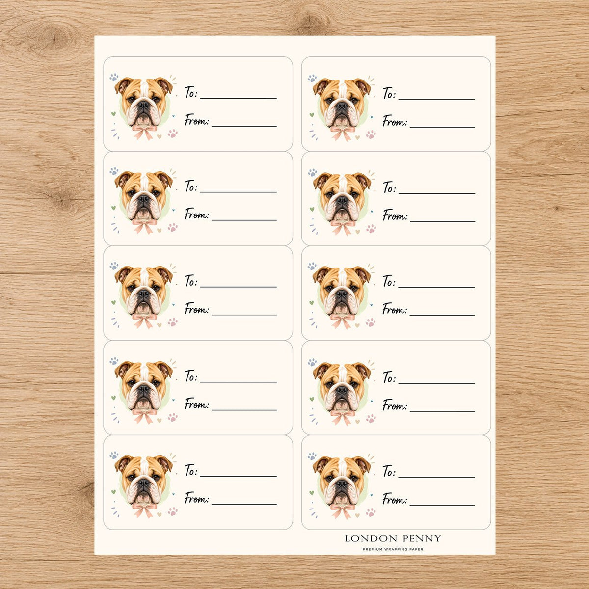 English Bulldog Paws & Bows Gift Tag Sticker Sheet