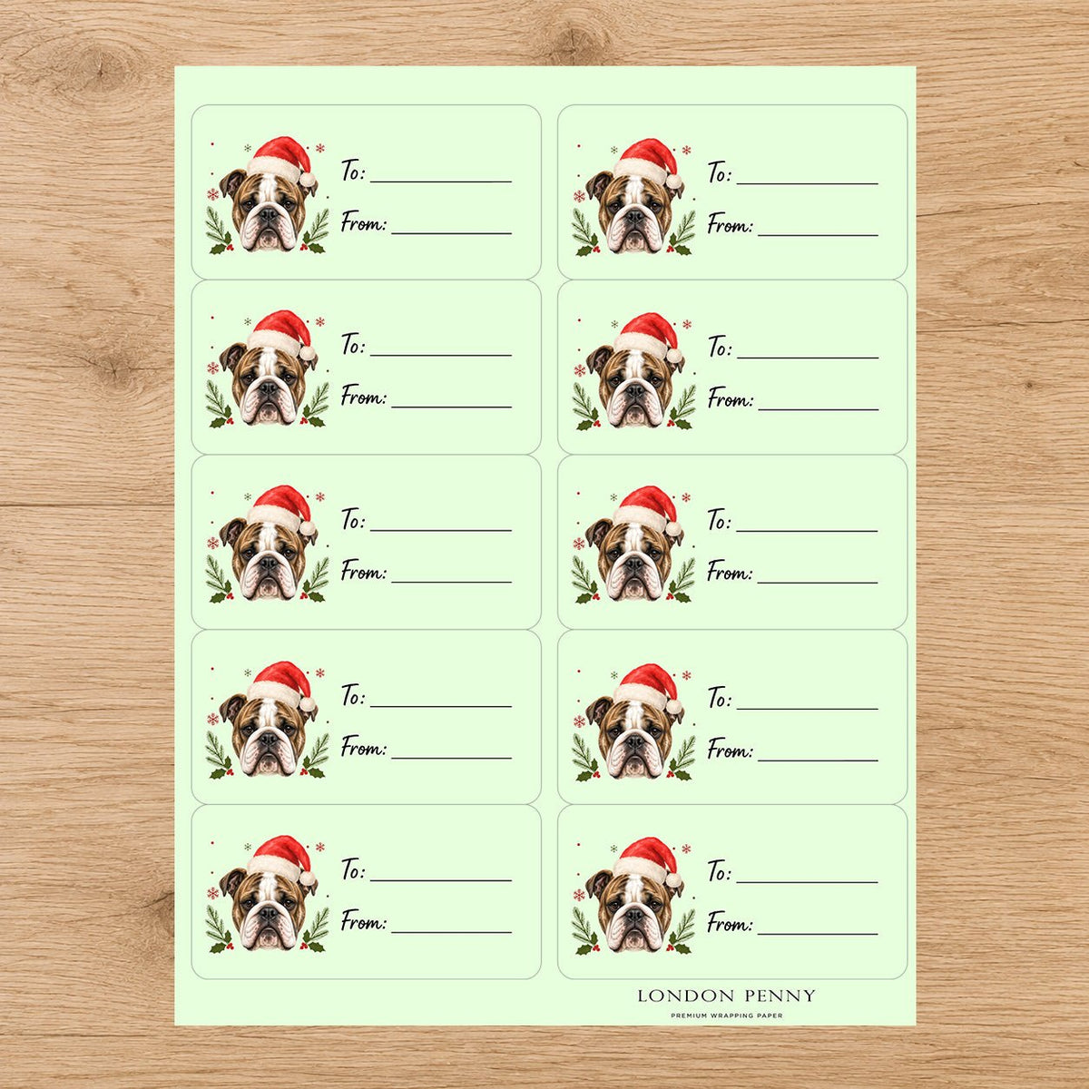 English Bulldog Santa Paws Gift Tag Sticker Sheet
