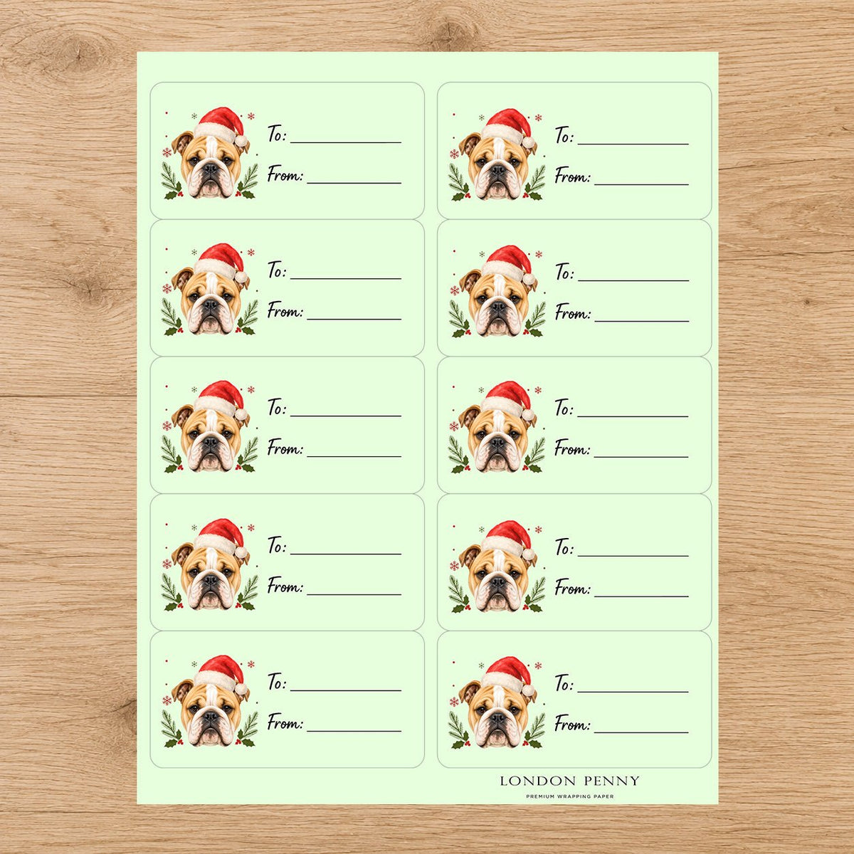 English Bulldog Santa Paws Gift Tag Sticker Sheet