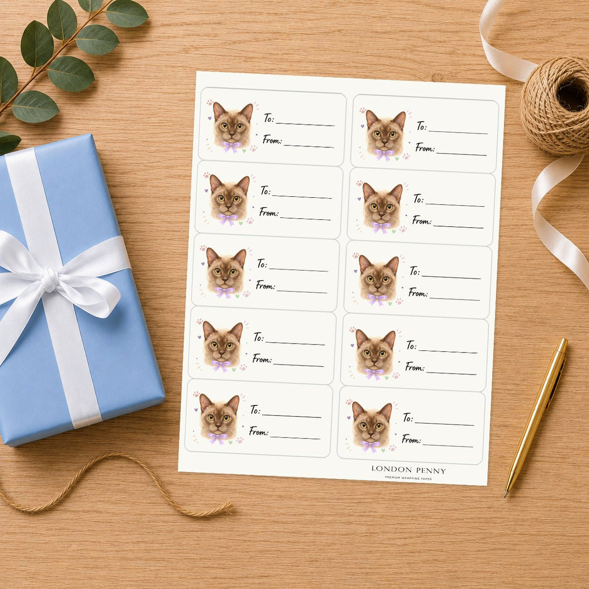 European Burmese Purrfectly Yours Gift Tag Sticker Sheet