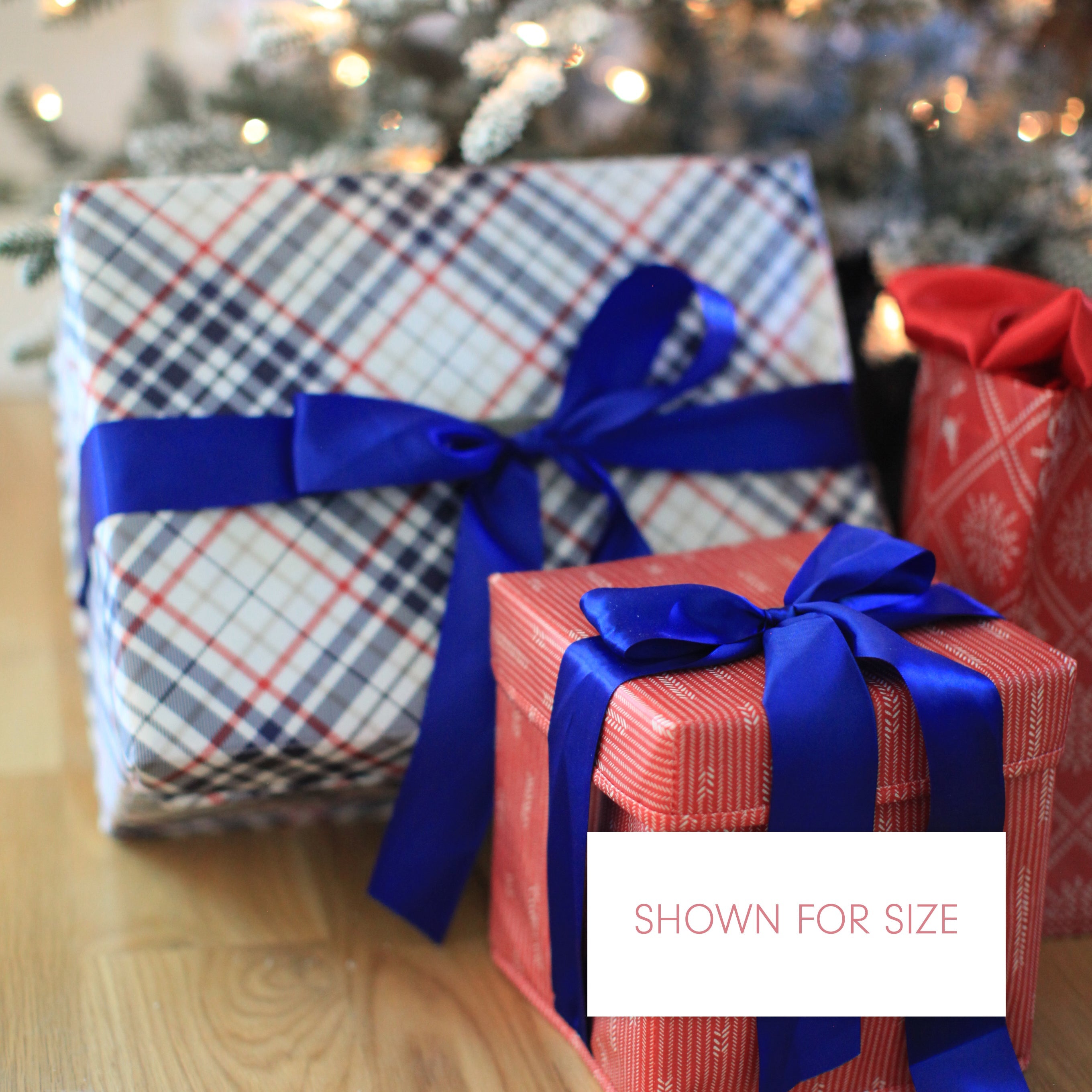 Everbox: Large Blue Plaid Collapsible Gift Box With Blue Satin Ribbon