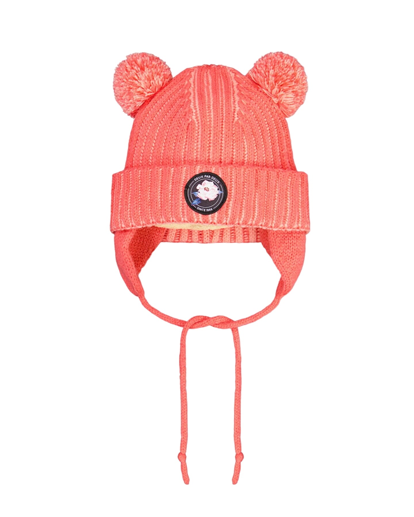 Two Pompoms Knit Hat With Earflap In Coral