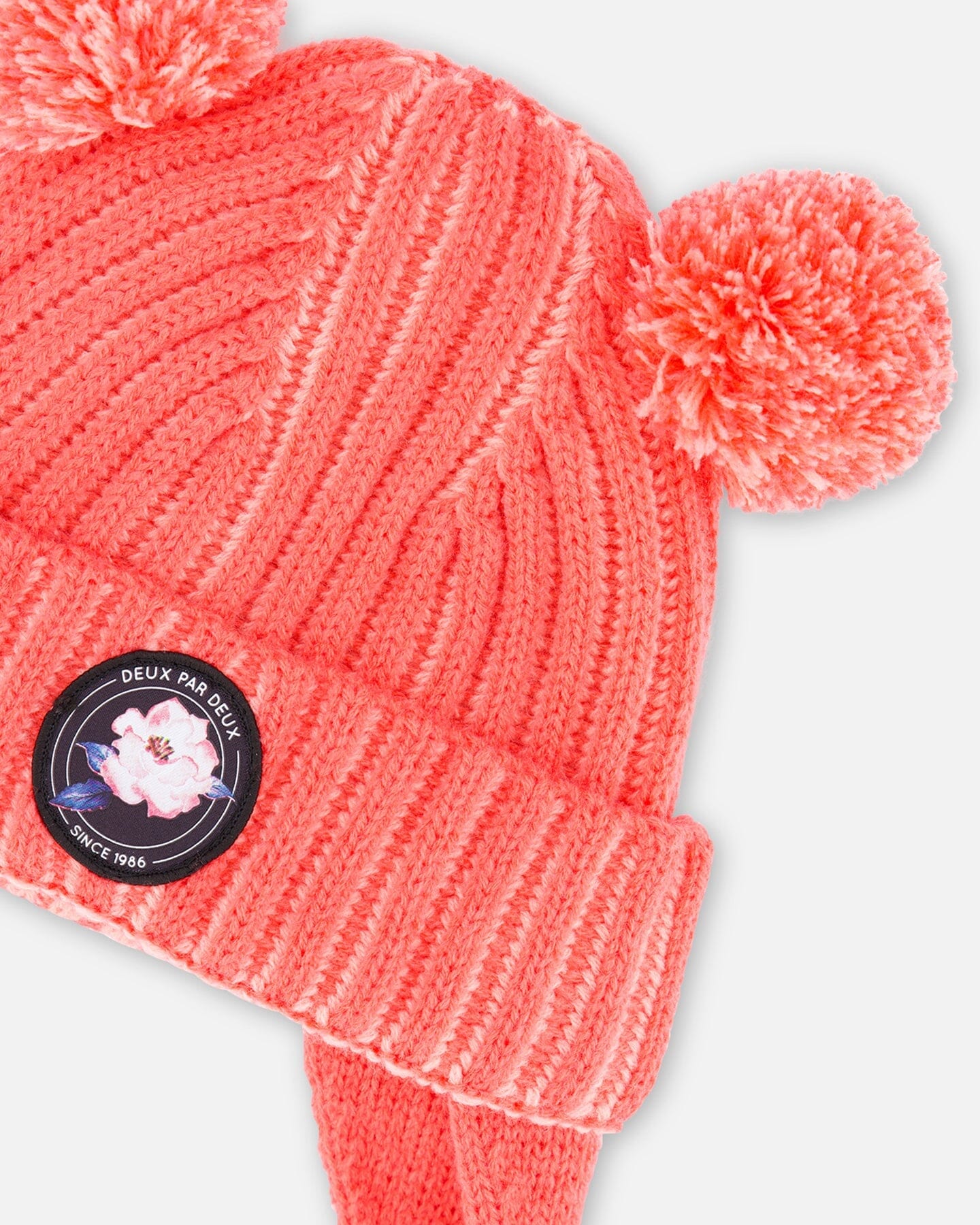 Two Pompoms Knit Hat With Earflap In Coral