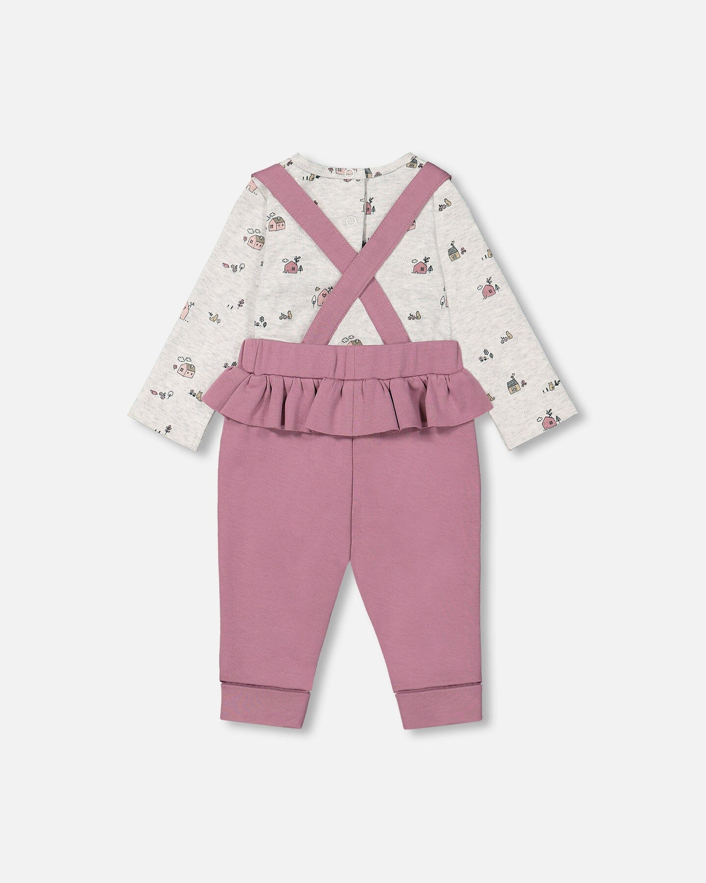 Organic Cotton Printed Onesie And Suspender Pant Set Mauve And Beige Little House Print