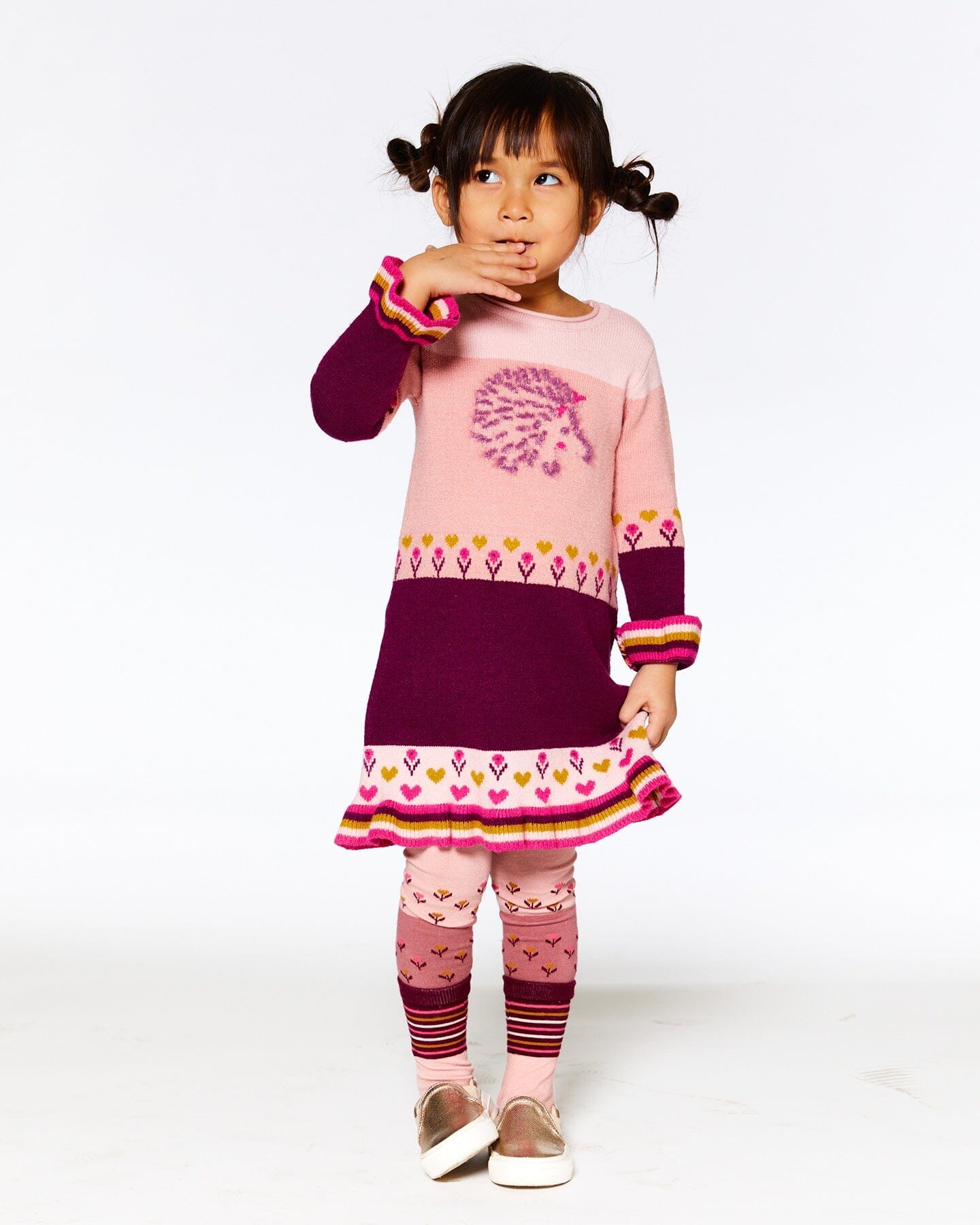 Color Block Knitted Sweater Dress Pink With Hedgehog Intarsia