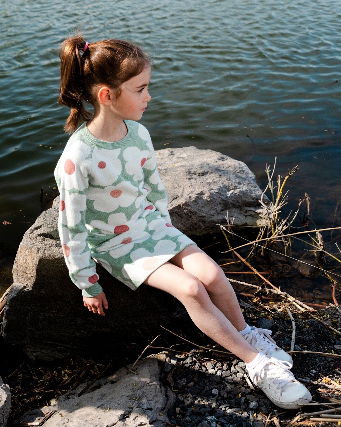 Jacquard Knit Skirt Sage Green With Retro Flowers