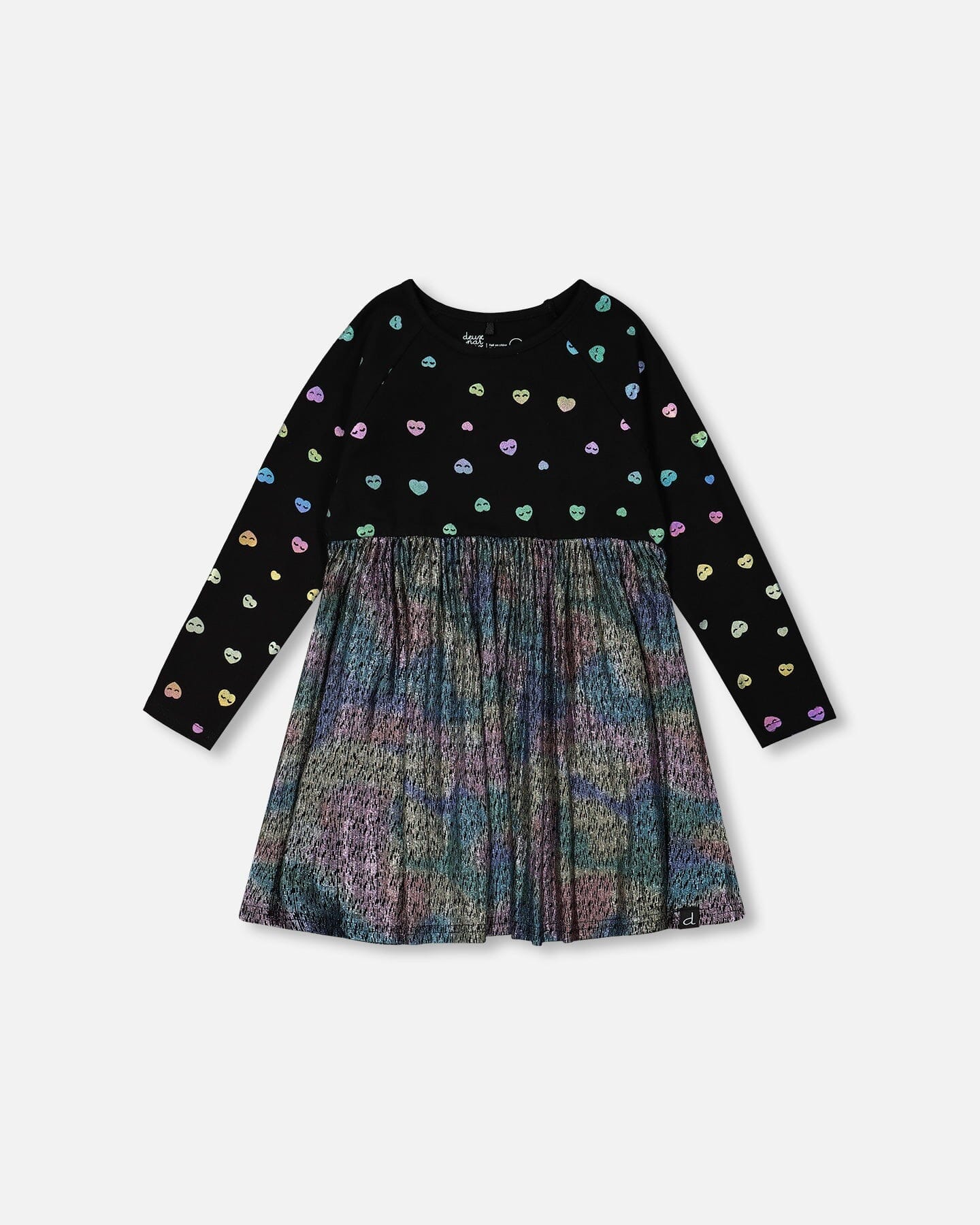 Bi-material Long Sleeve Dress Black Metallic Fabric & Colorful Hearts Foil Print