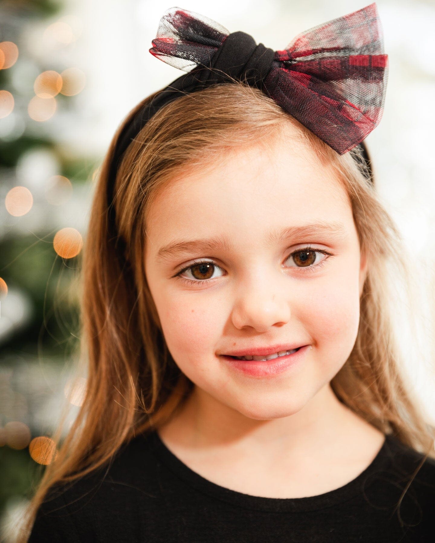 Headband With Tulle Bow Black Buffalo Plaid