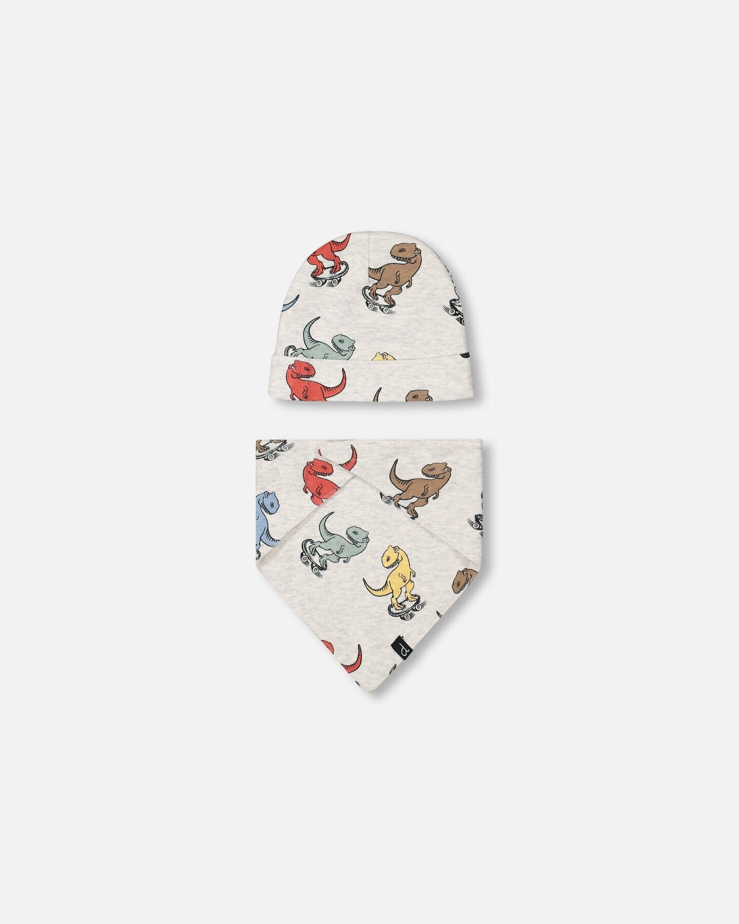 Organic Cotton Printed Dinosaur Hat And Bib Set Oatmeal Mix