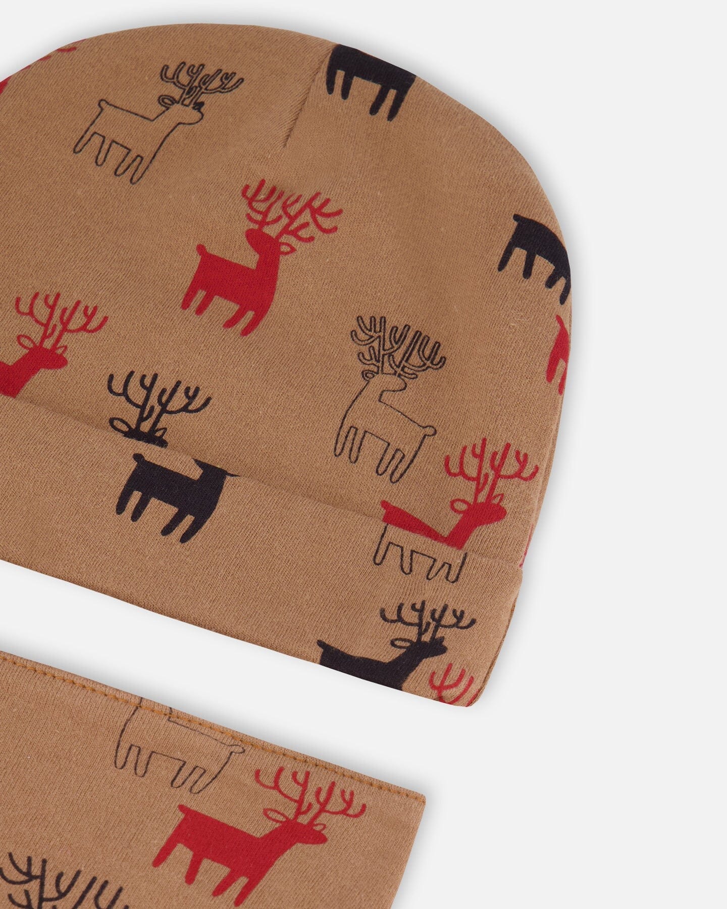 Organic Cotton Printed Reindeers Hat And Bib Set Nutmeg