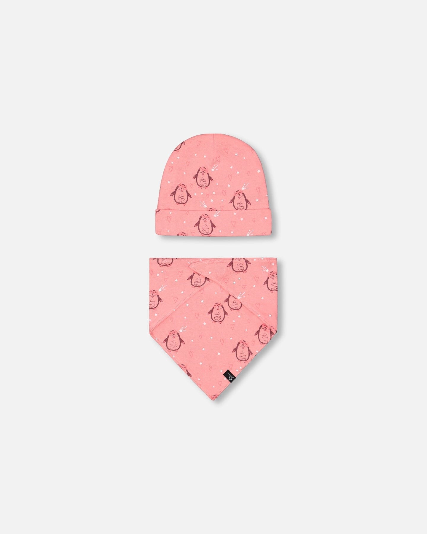 Organic Cotton Printed Penguins Hat And Bib Set Pink