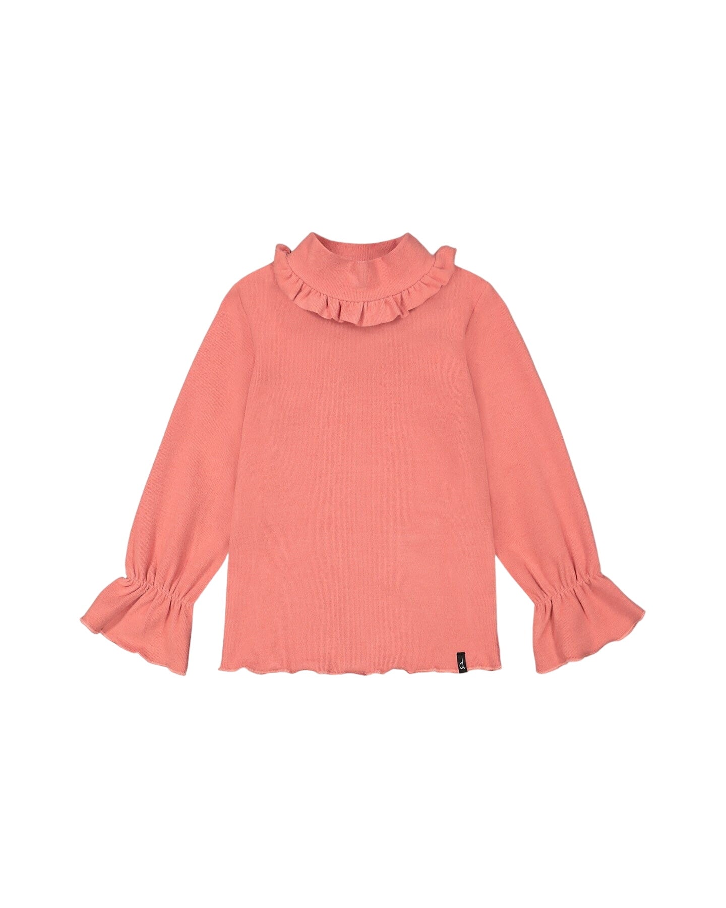 Super Soft Brushed Rib Mock Neck Top With Frills Salmon Pink