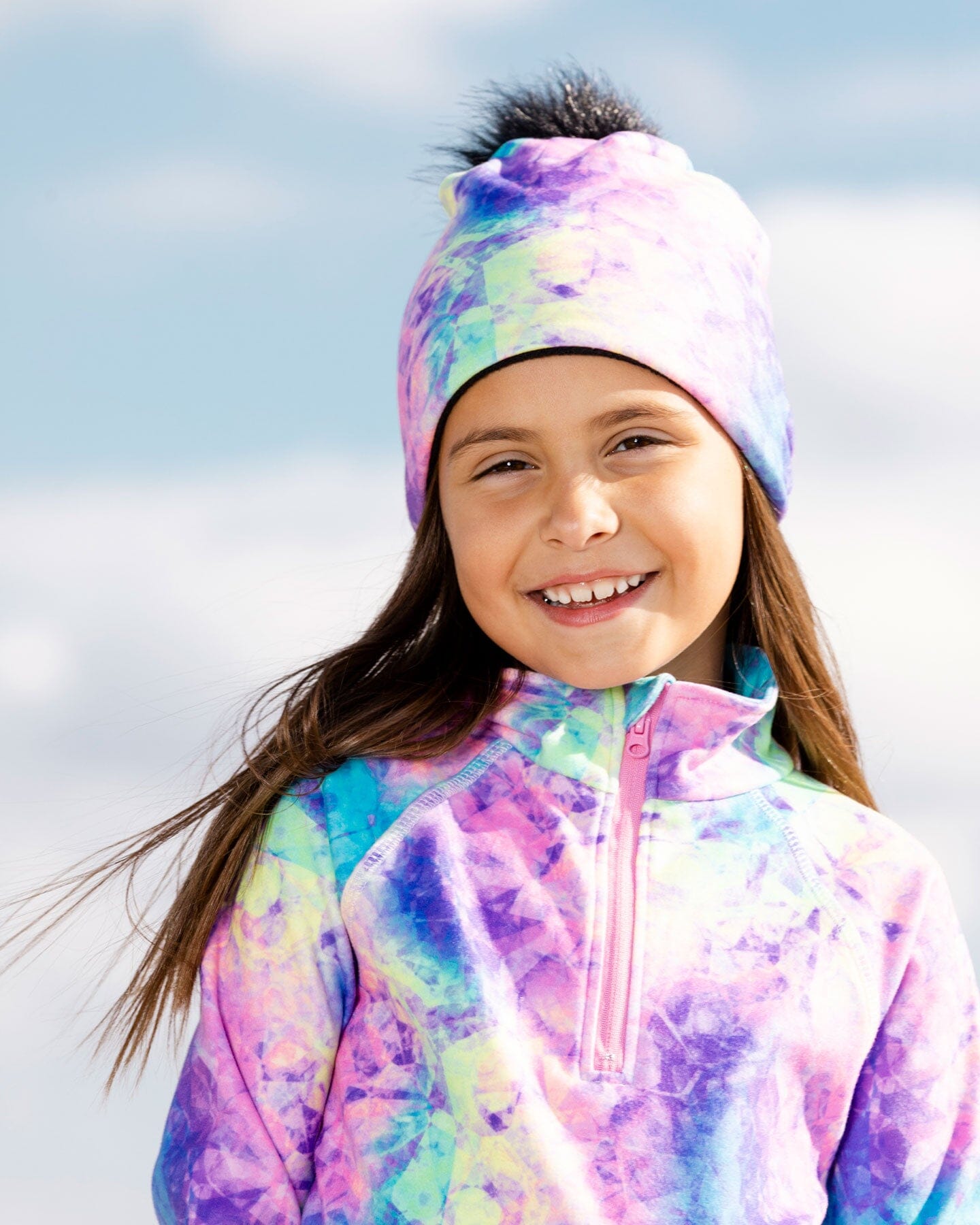 Printed Jersey Detachable Pompom Hat Rainbow Print