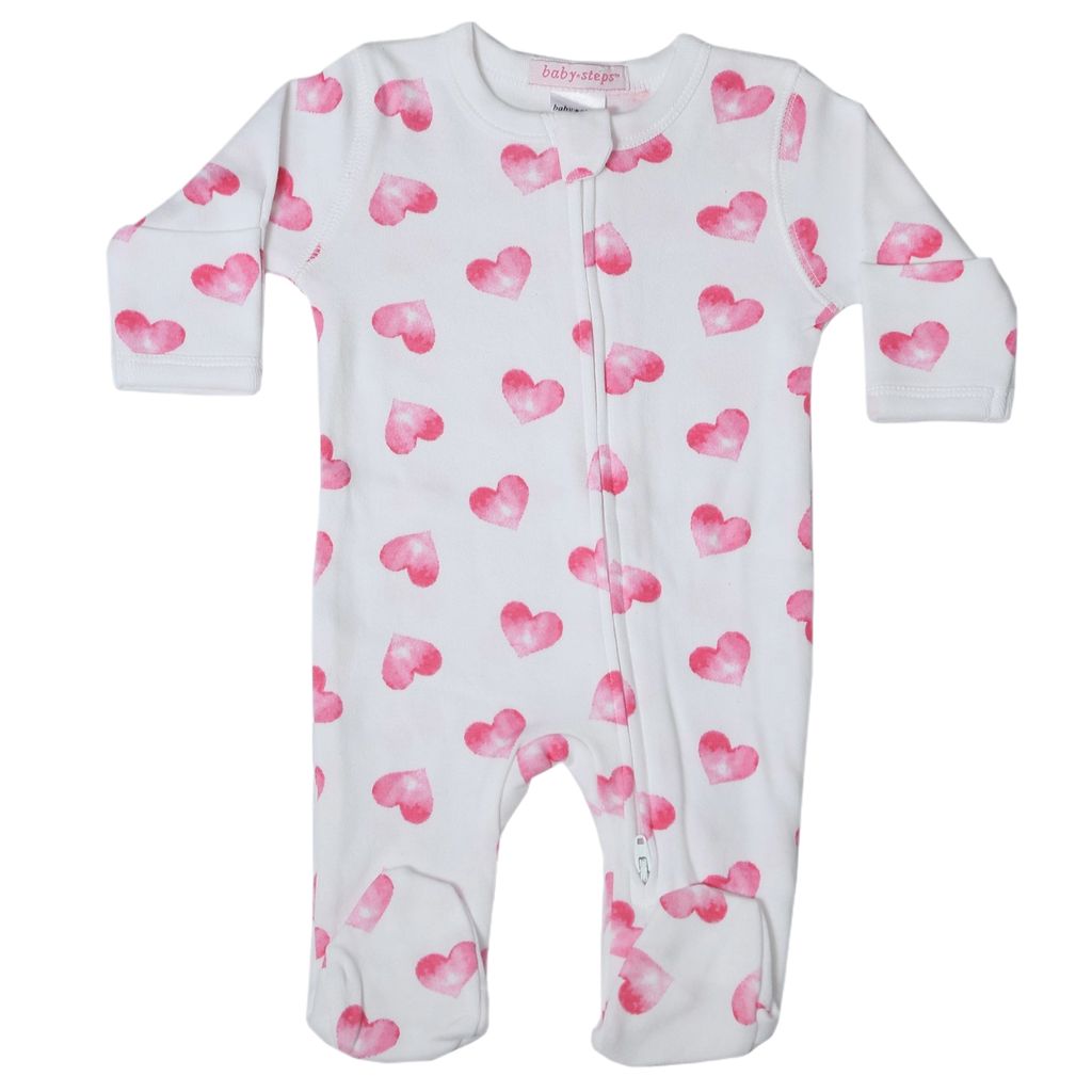 Baby Zipper Footie - Water Color Hearts