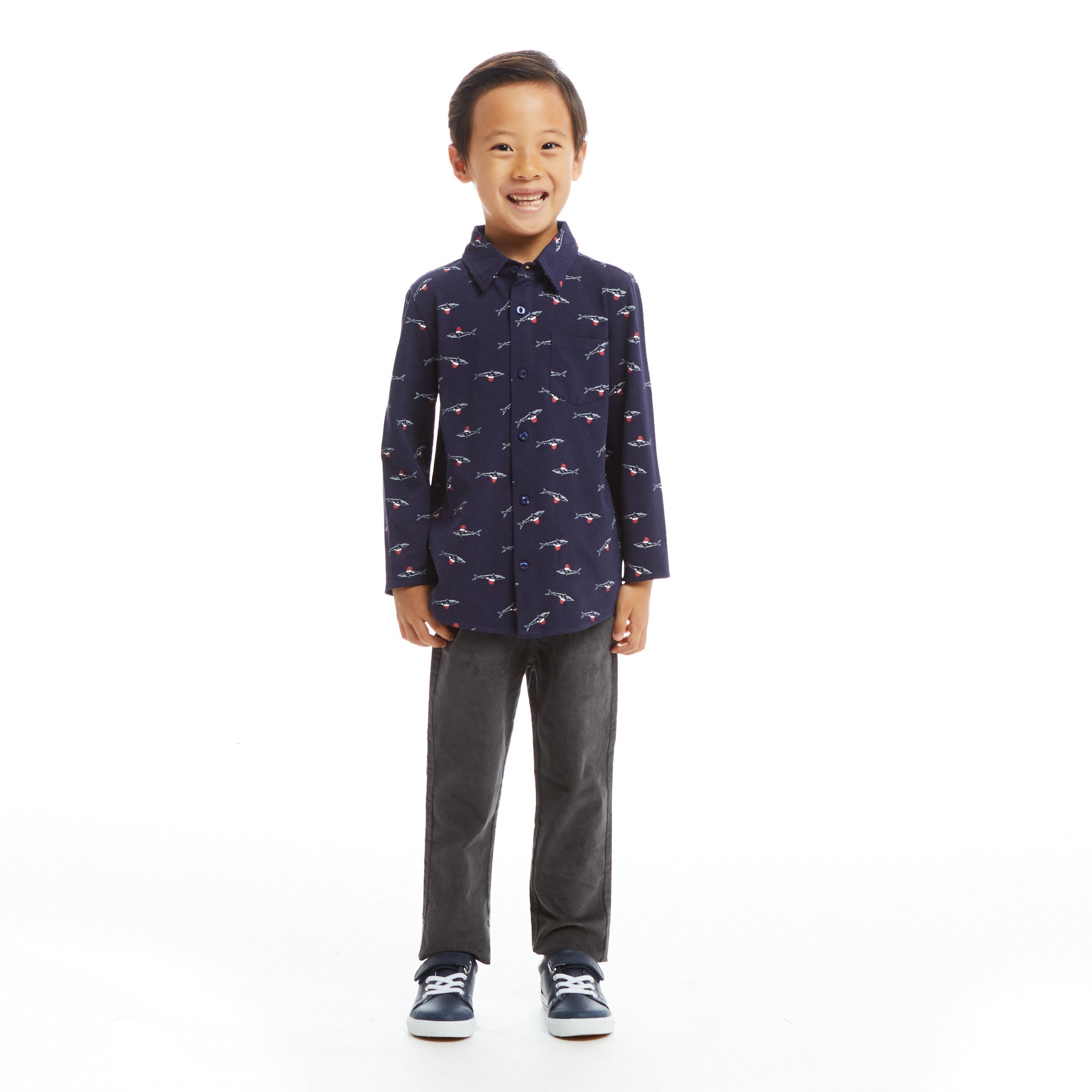 Navy Holiday Sharks Knit Pique Buttondown  | Navy