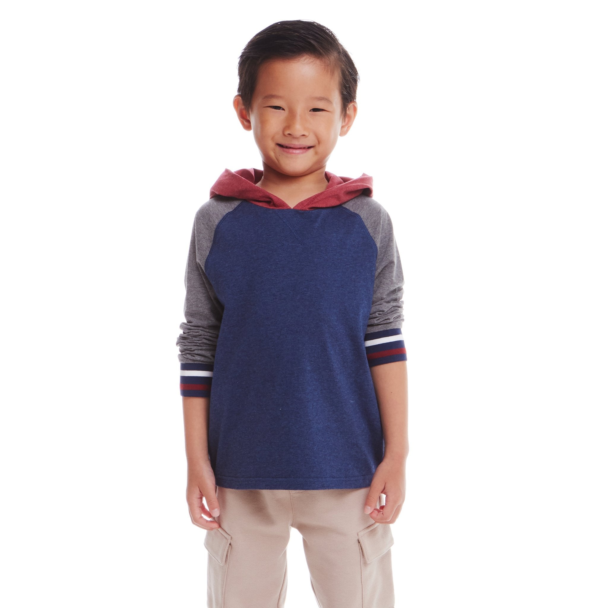 Kids Hooded Colorblocked Jersey Tee | Red Navy & Heater Grey