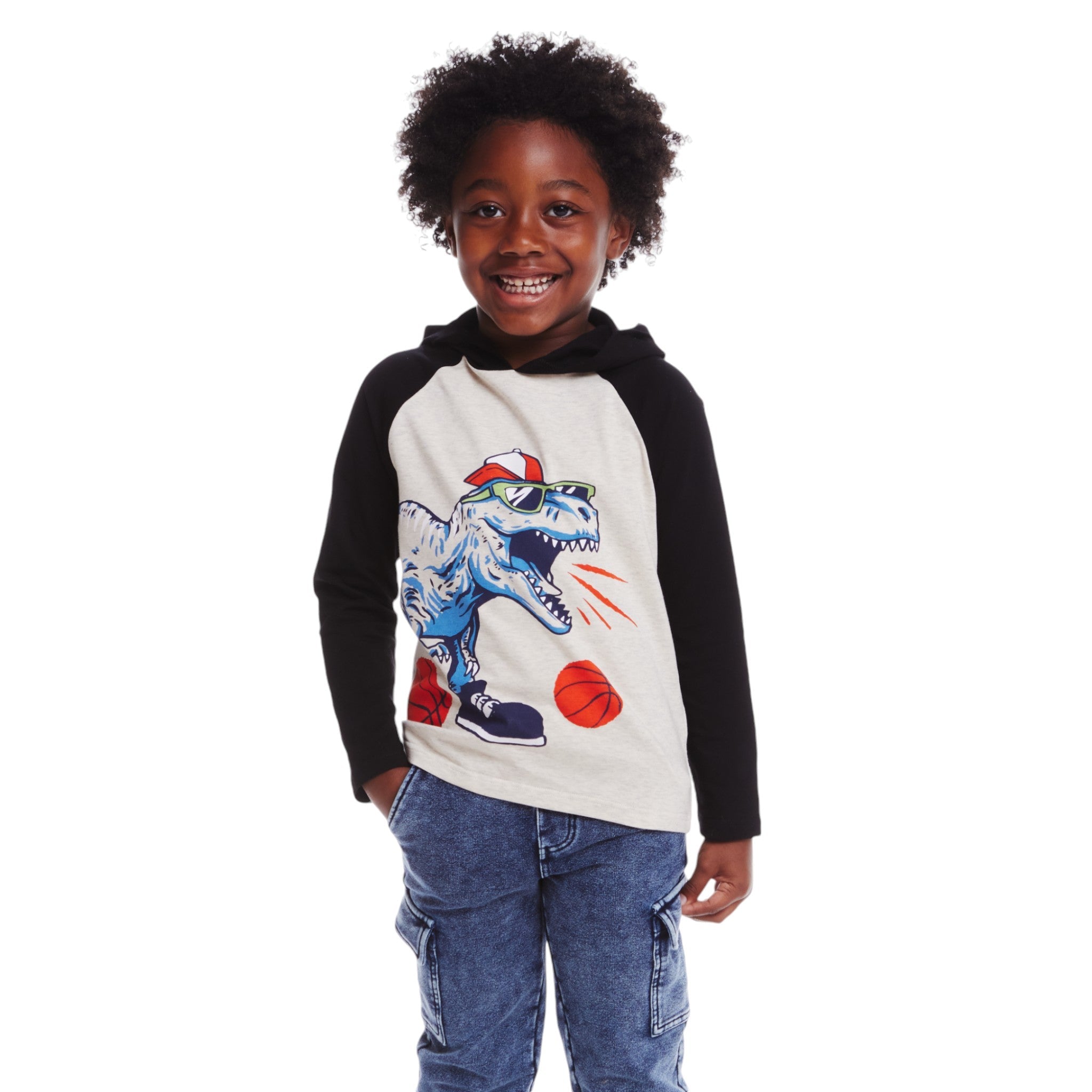 Kids Long Sleeve Hooded Tee | Basketball Dino