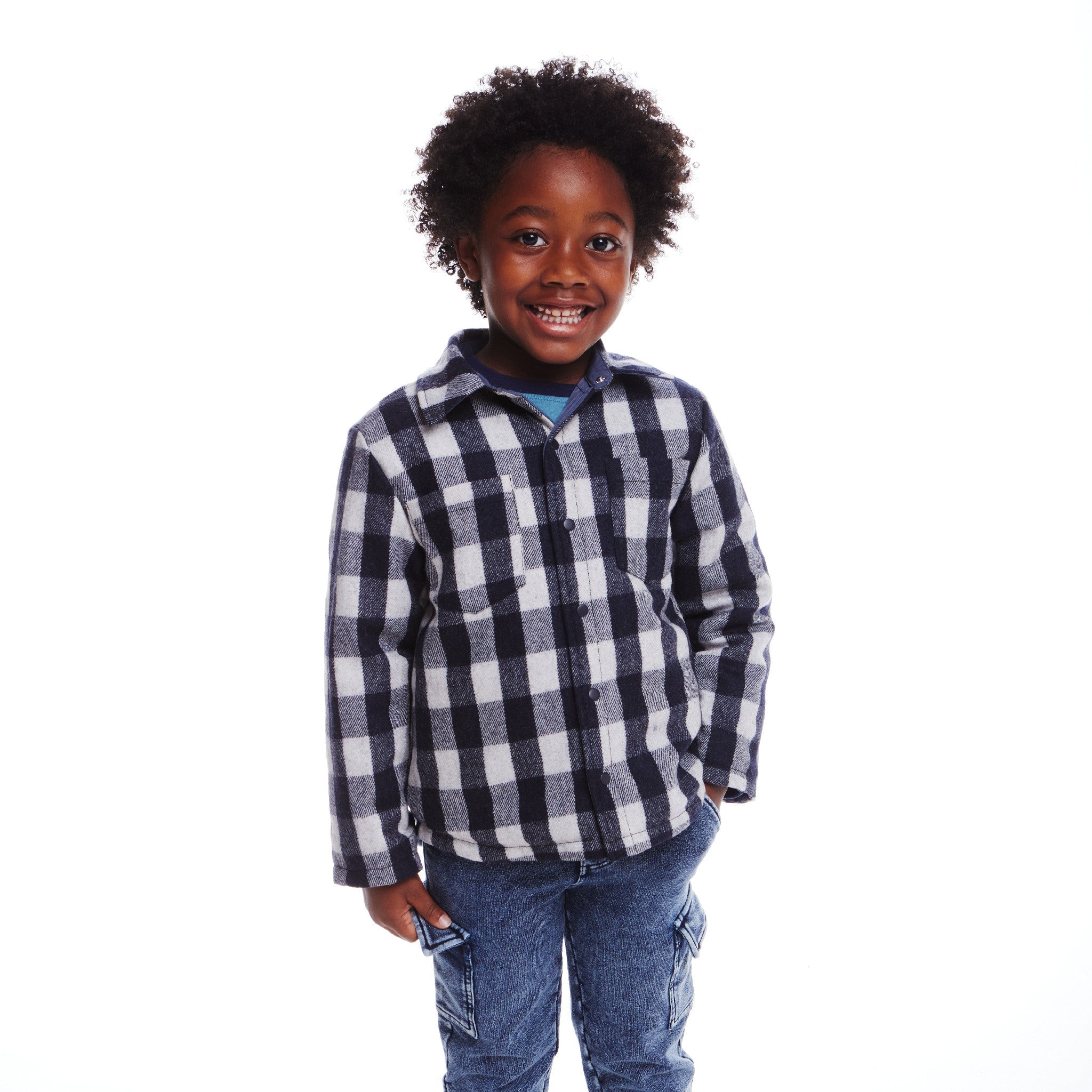 Kids Reversible Flannel Puffer Jacket | Navy & White