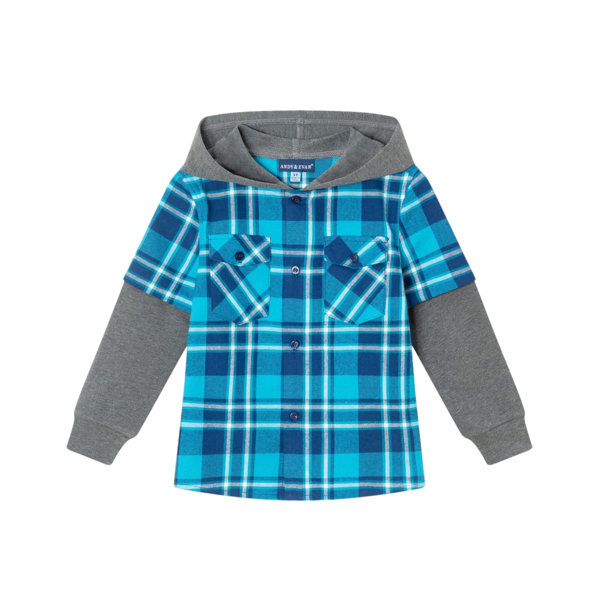 Kids Plaid Flannel Terry Twofer Hoodie | Teal