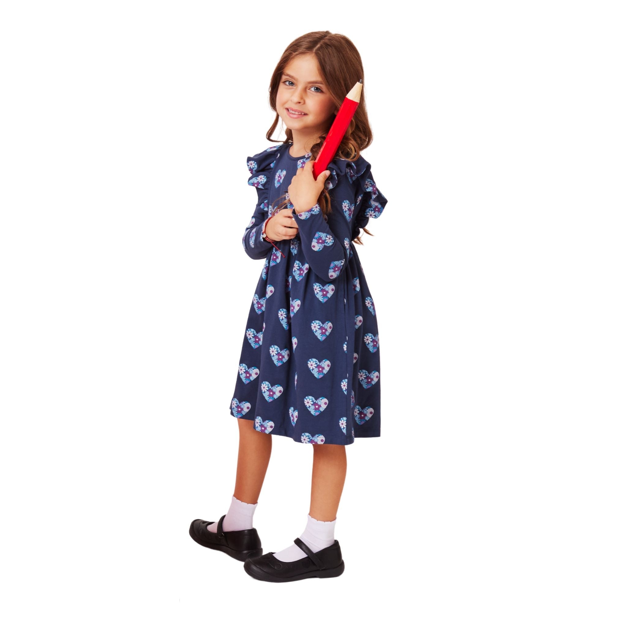 Kids (2-6x) Navy Heather Printed Jersey Dress | Floral Hearts