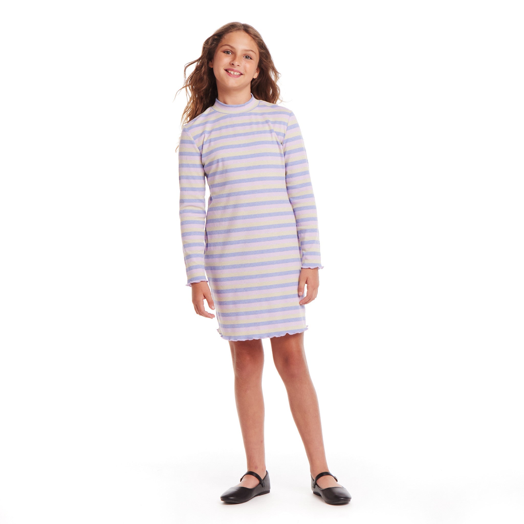 Kids (7-16) Knit Striped Mock Neck Dress | Mauve Purple