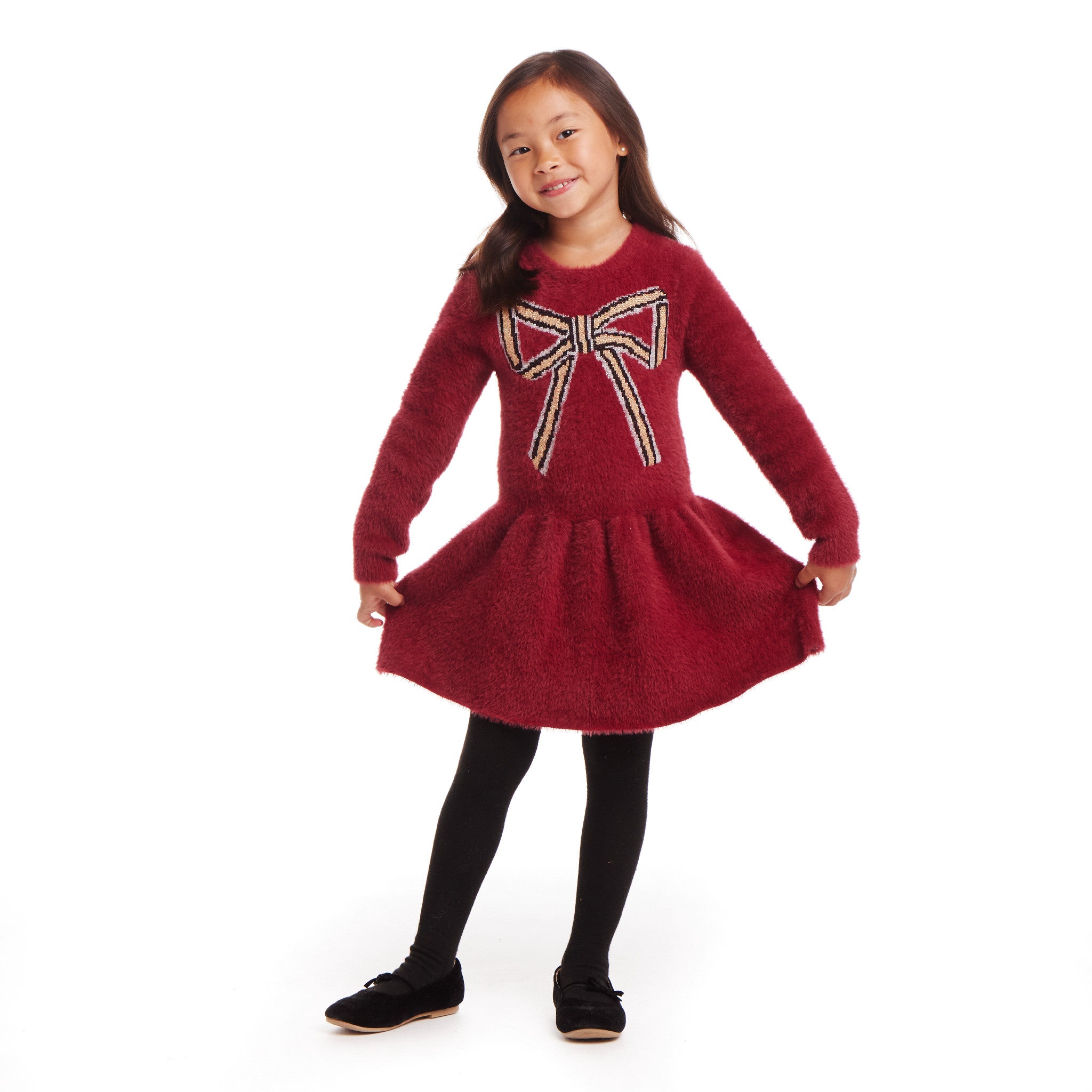 Kids Eyelash Sweater Dress | Red Bow