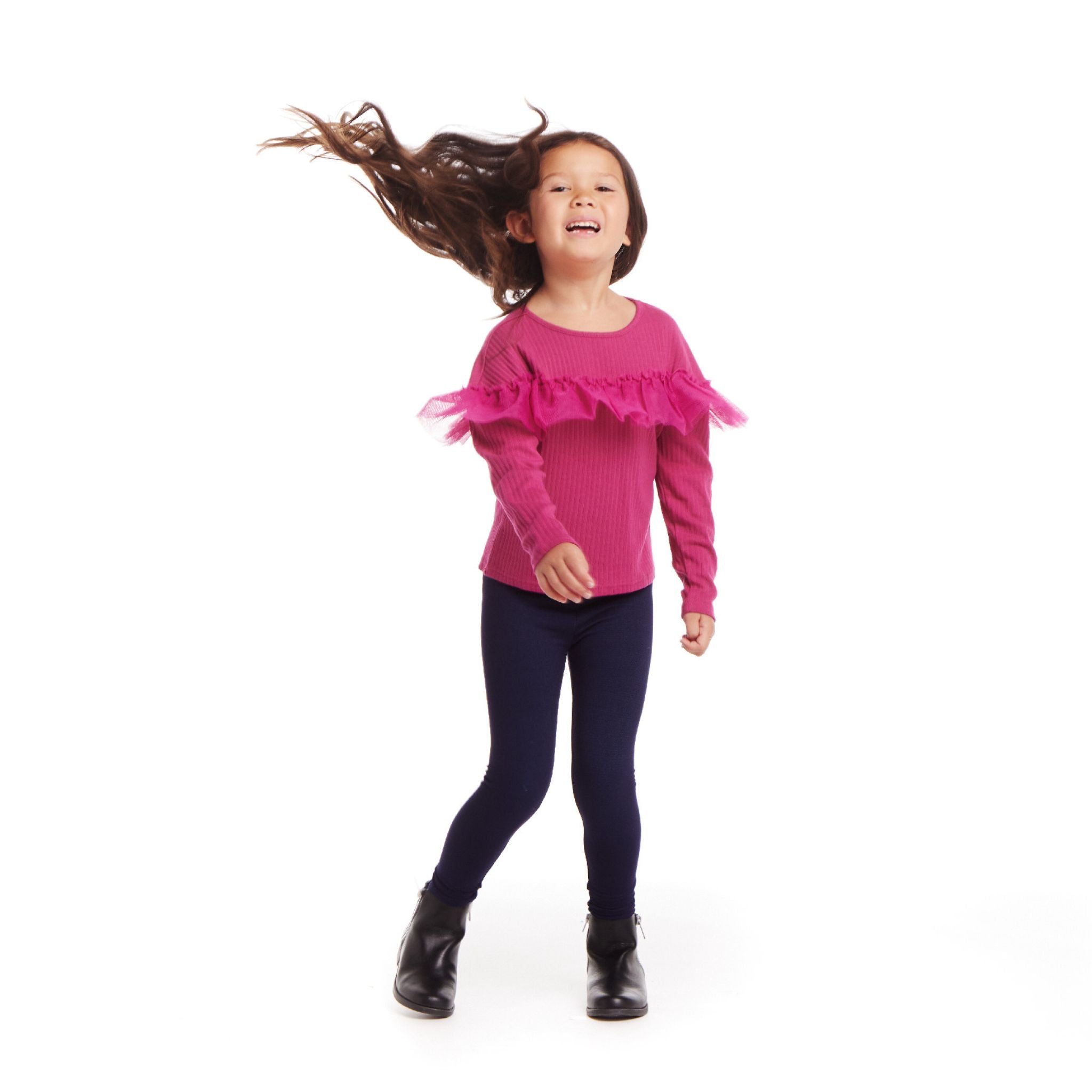 Kids Rib Knit Long Sleeve Ruffle Top | Hot Pink