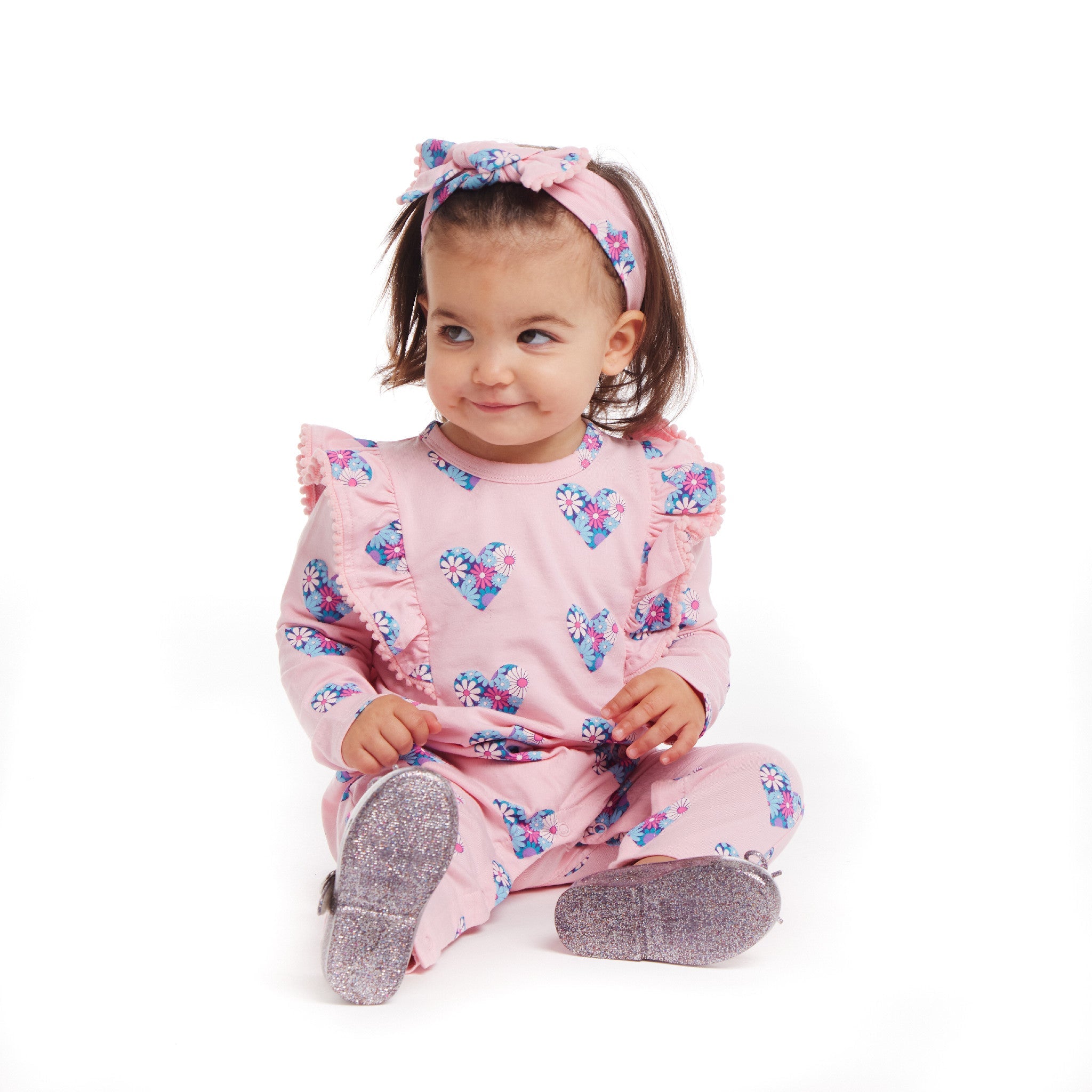 Infant Pink Long Sleeve Romper & Headband Set | Hearts & Flowers