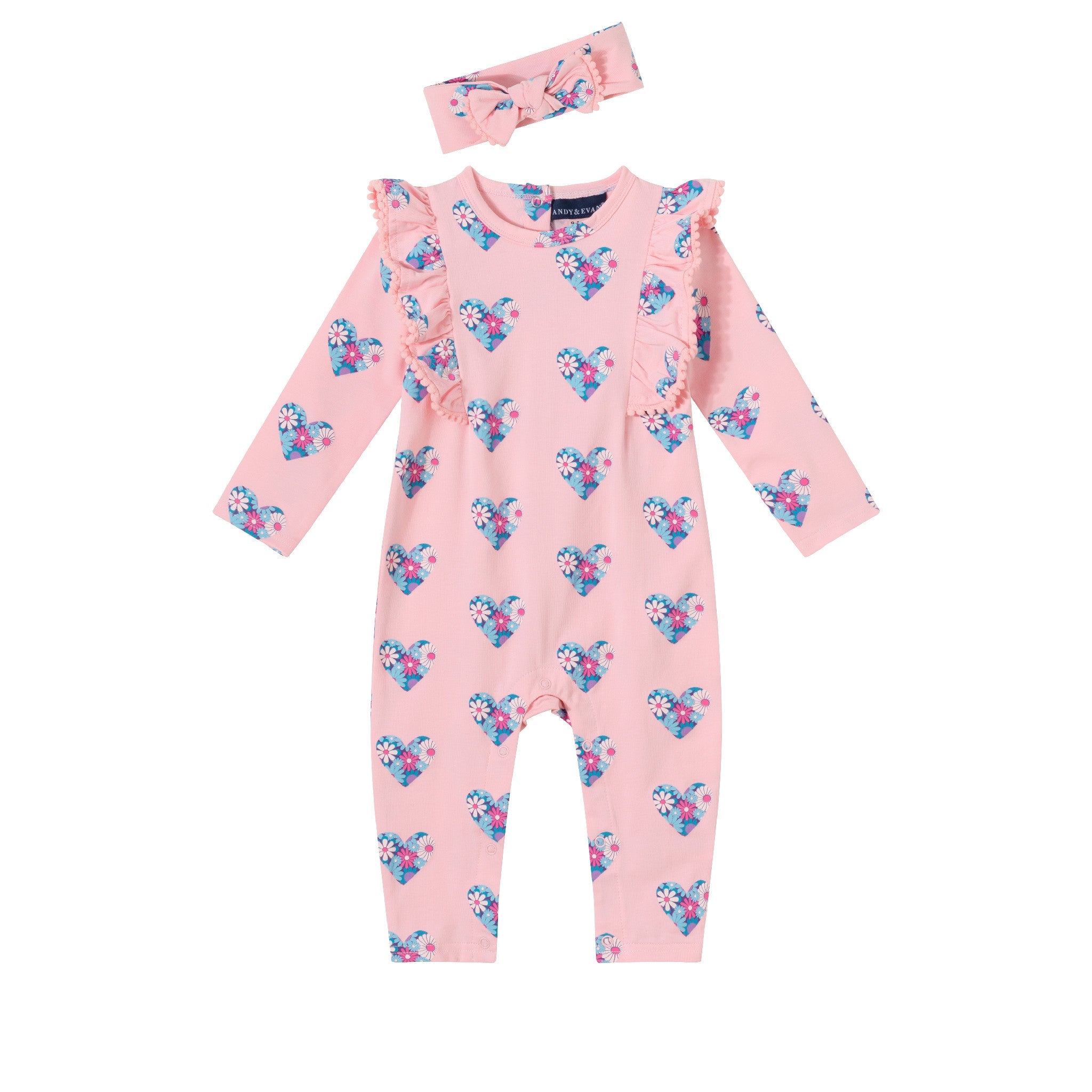 Infant Pink Long Sleeve Romper & Headband Set | Hearts & Flowers