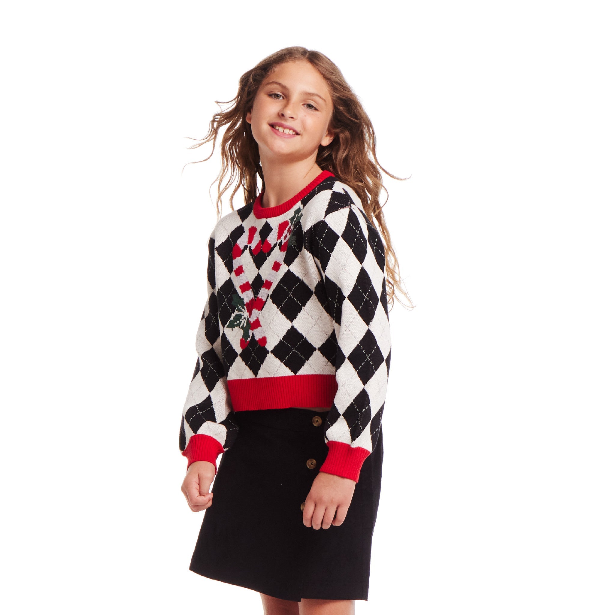 Kids (7-16) White Argyle Sweater | Candy Canes