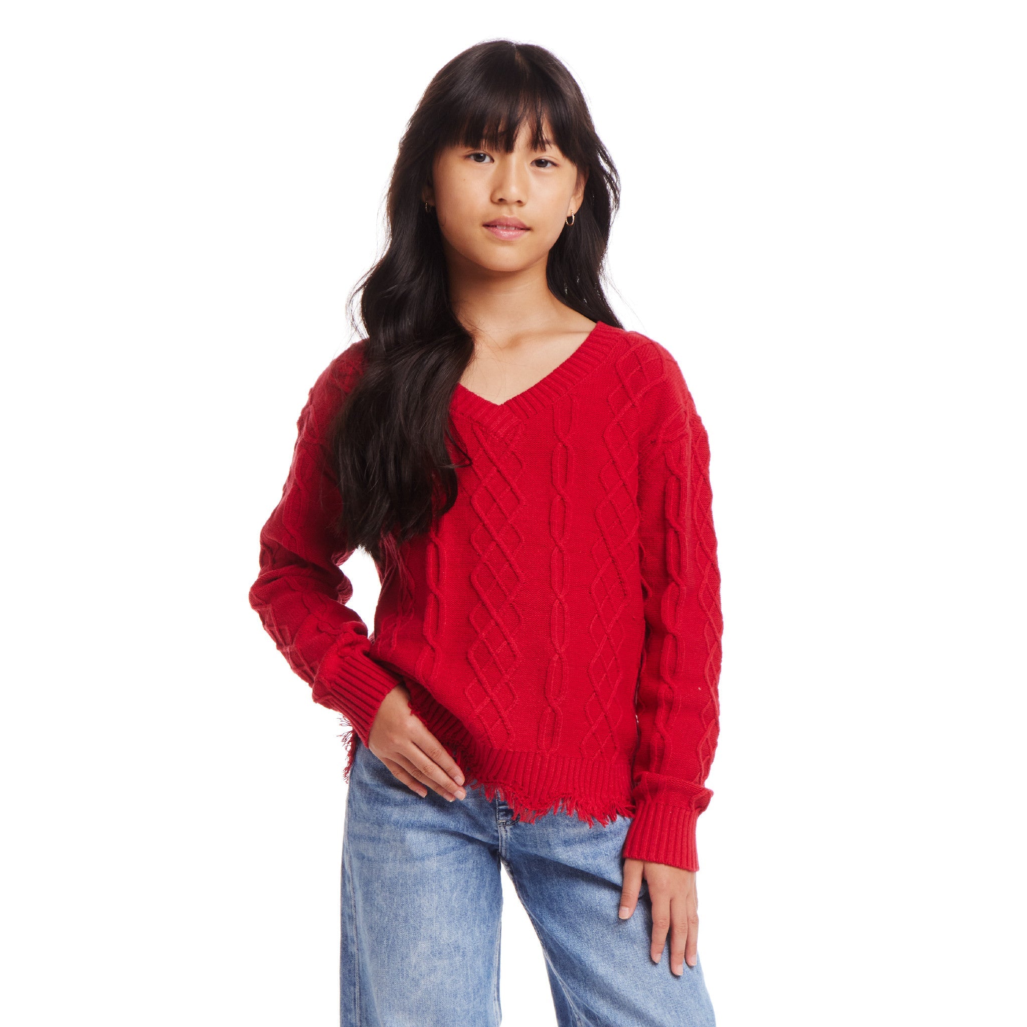 Kids (7-16) Cable Knit V-neck Sweater | Red