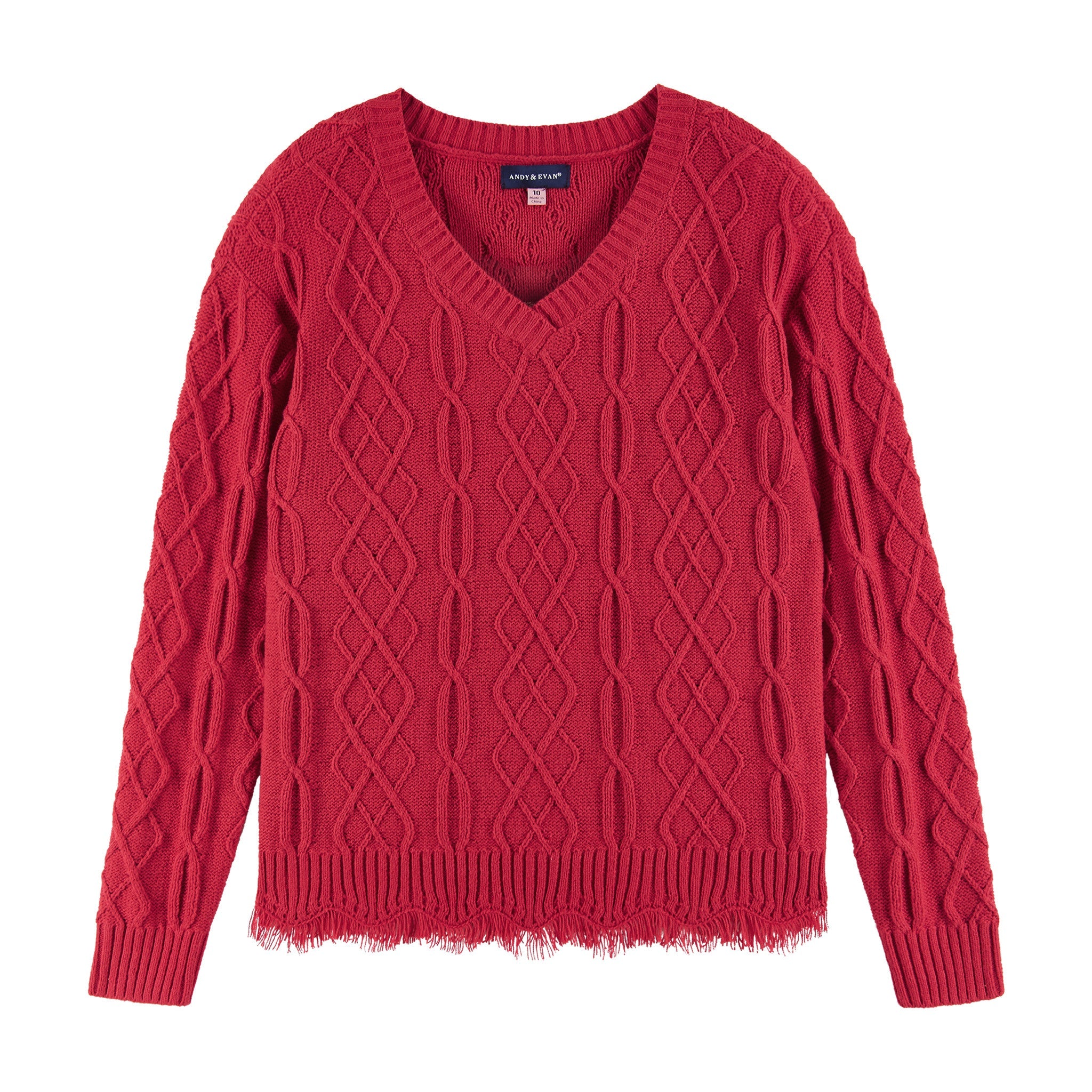 Kids (7-16) Cable Knit V-neck Sweater | Red