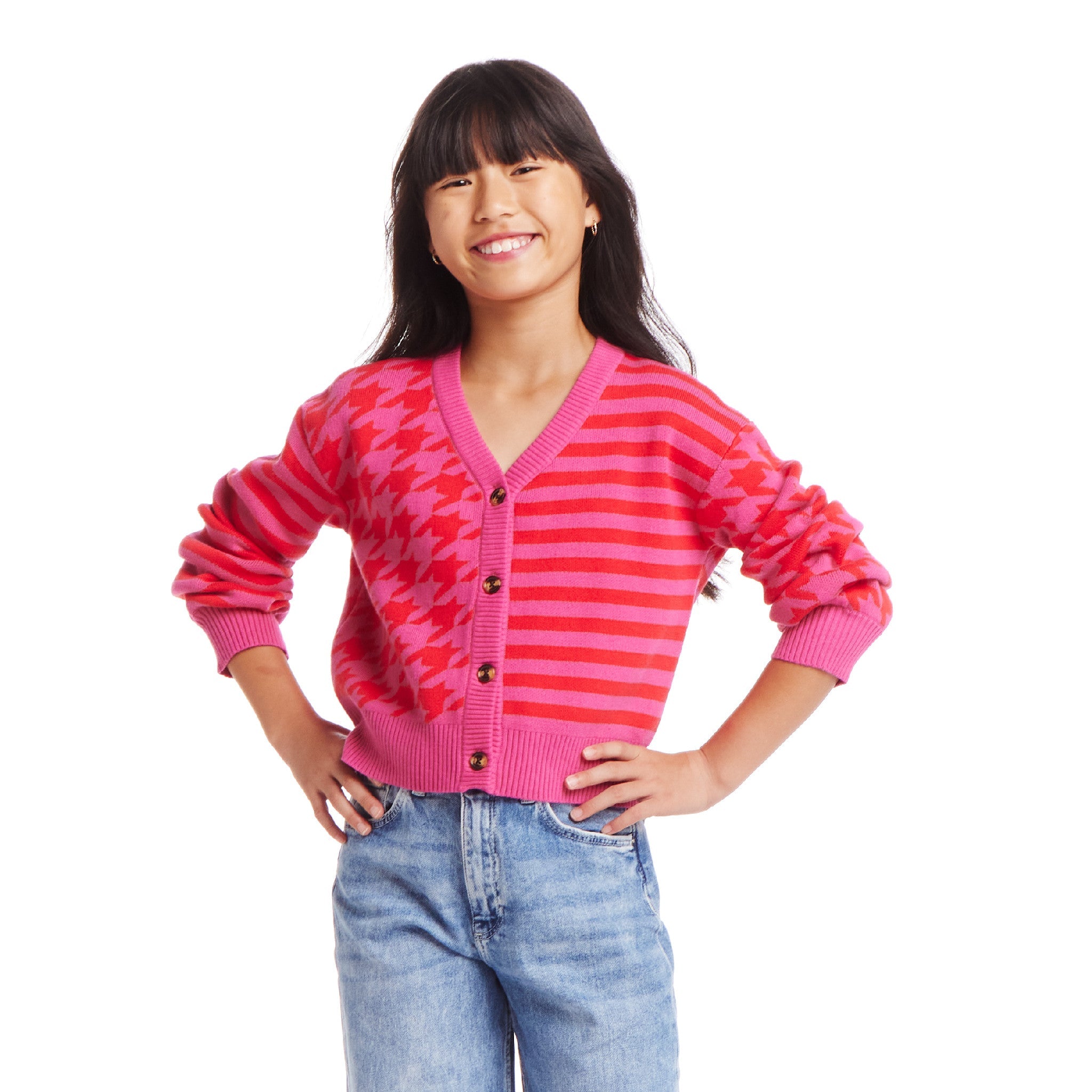 Kids (7-16) Houndstooth N' Striped Cropped Cardigan | Pink & Red