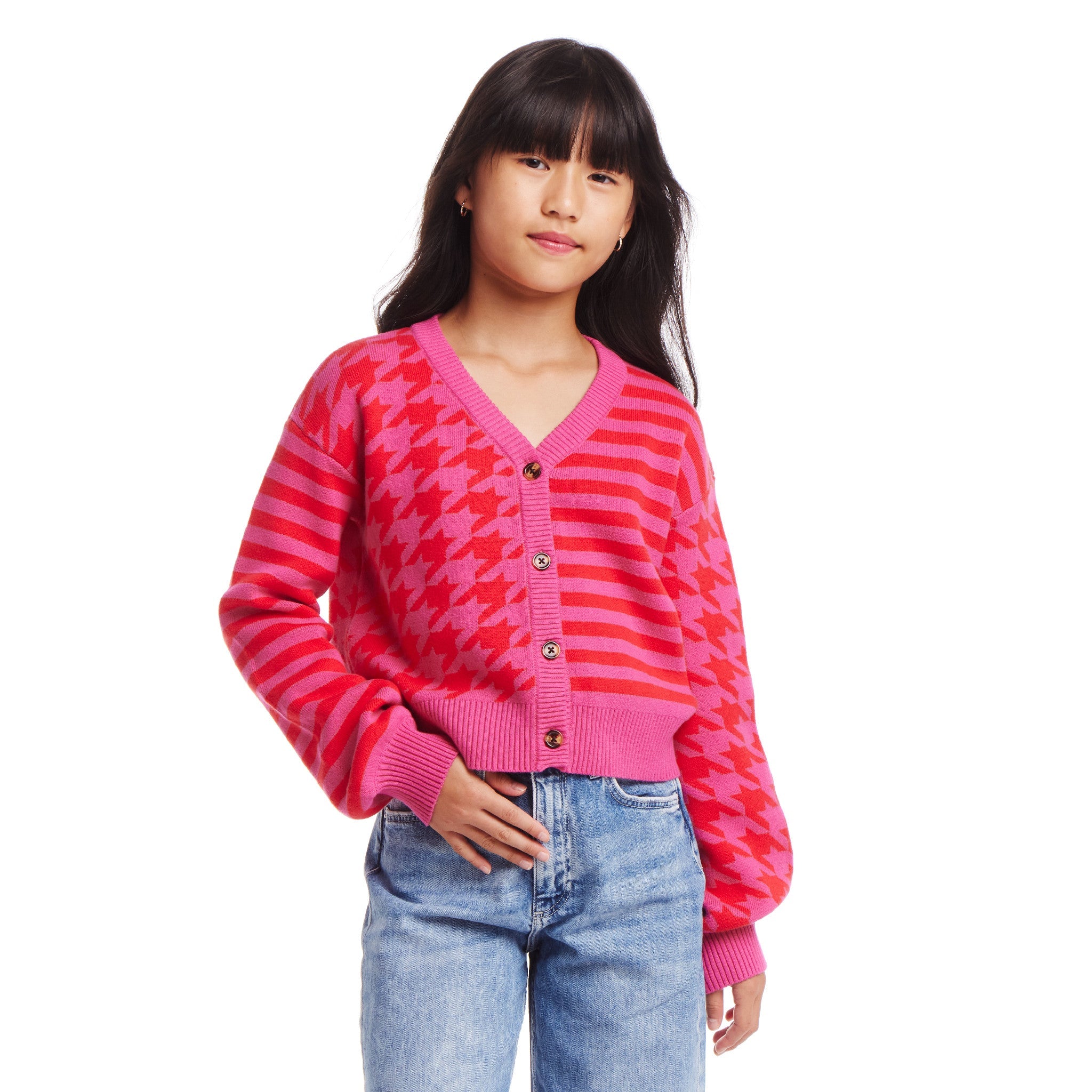 Kids (7-16) Houndstooth N' Striped Cropped Cardigan | Pink & Red