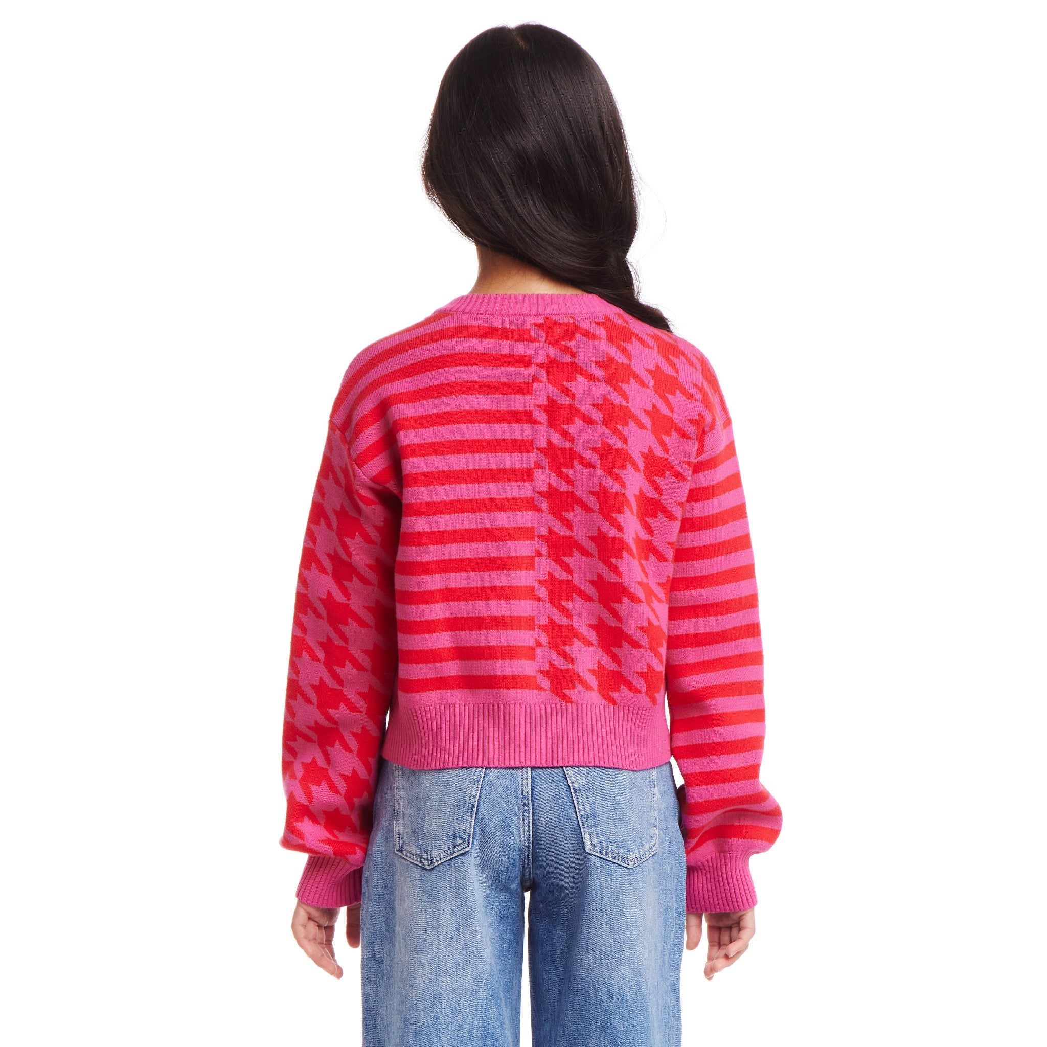 Kids (7-16) Houndstooth N' Striped Cropped Cardigan | Pink & Red