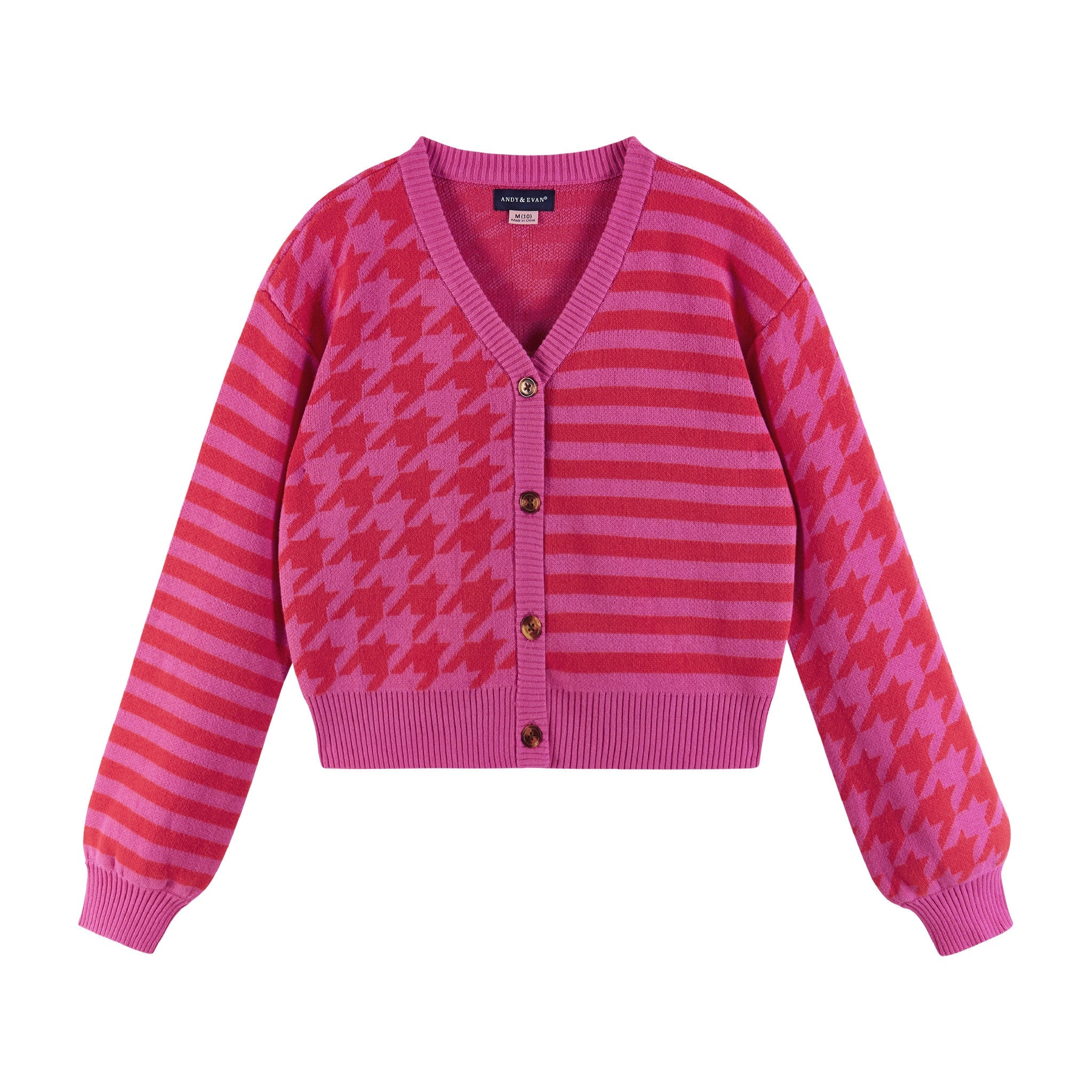 Kids (7-16) Houndstooth N' Striped Cropped Cardigan | Pink & Red