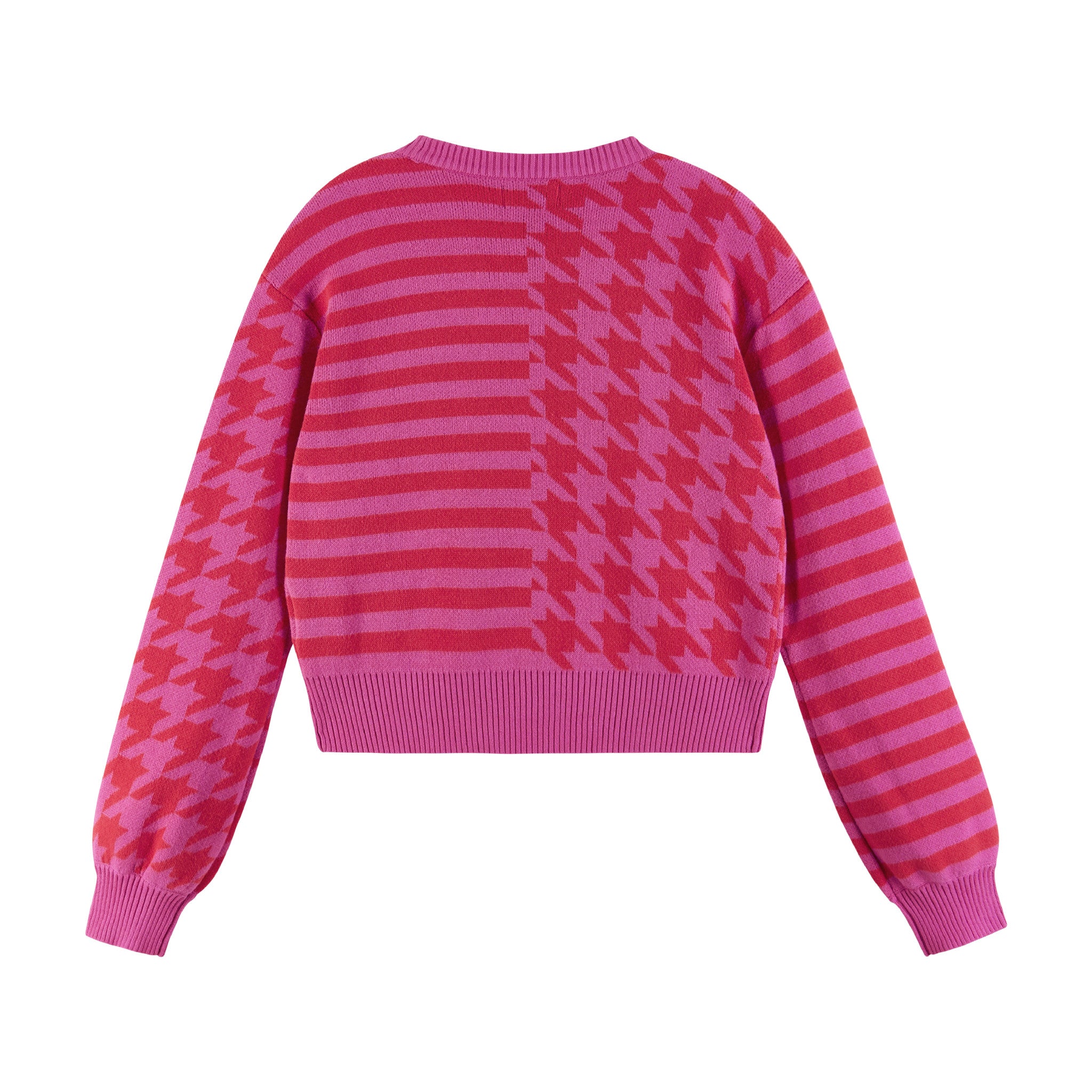 Kids (7-16) Houndstooth N' Striped Cropped Cardigan | Pink & Red