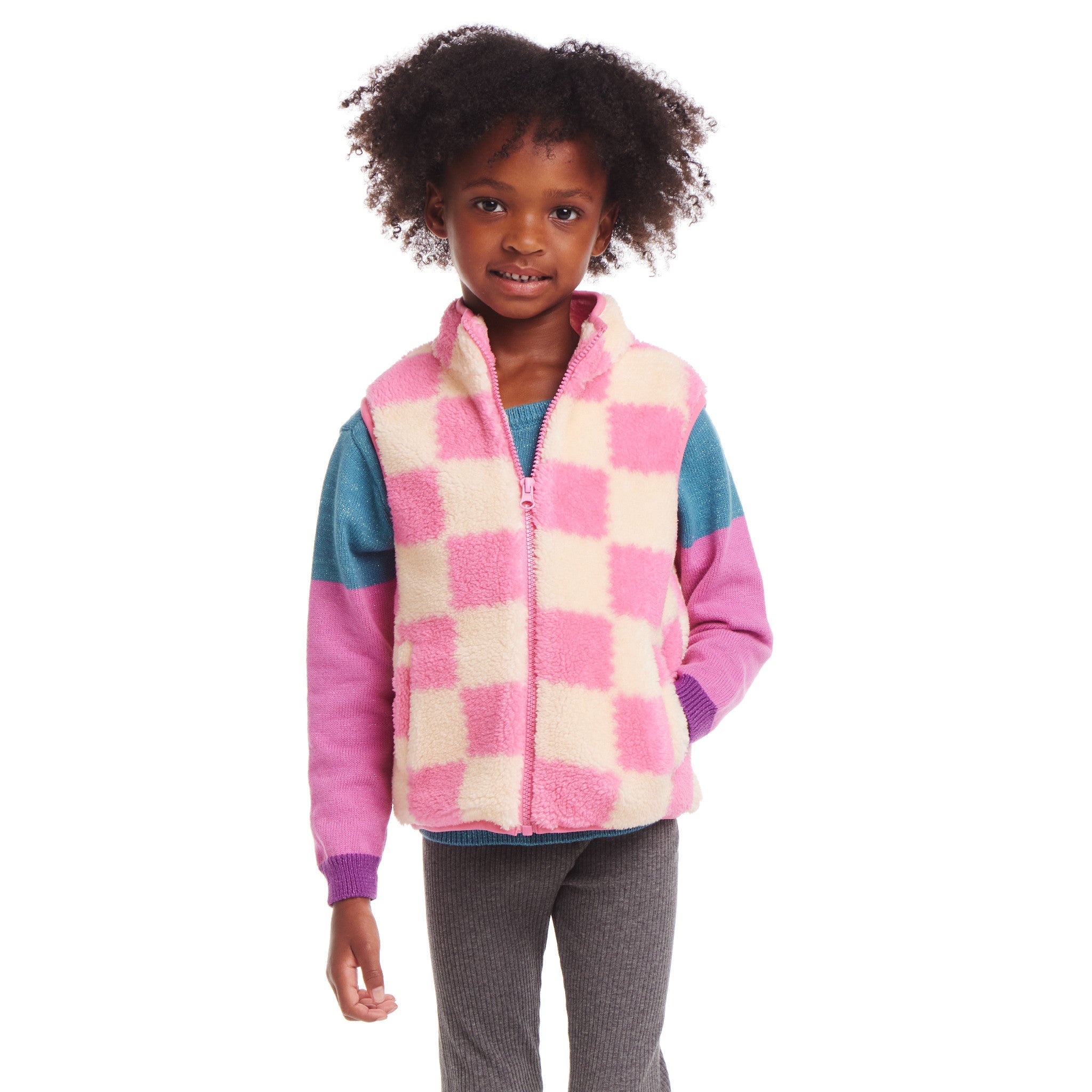 Kids Checkered Faux Fleece Vest | Pink