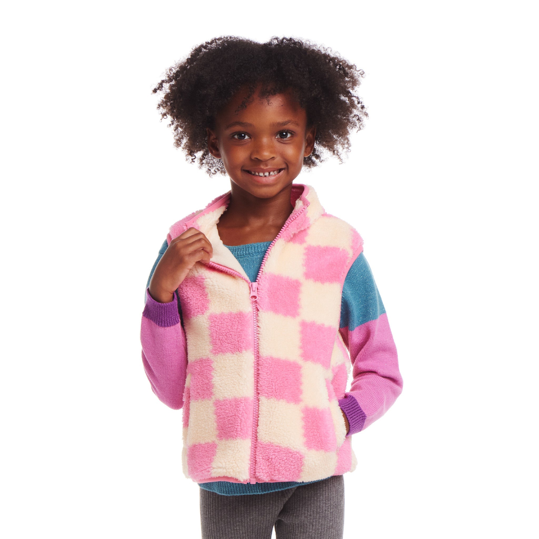 Kids Checkered Faux Fleece Vest | Pink