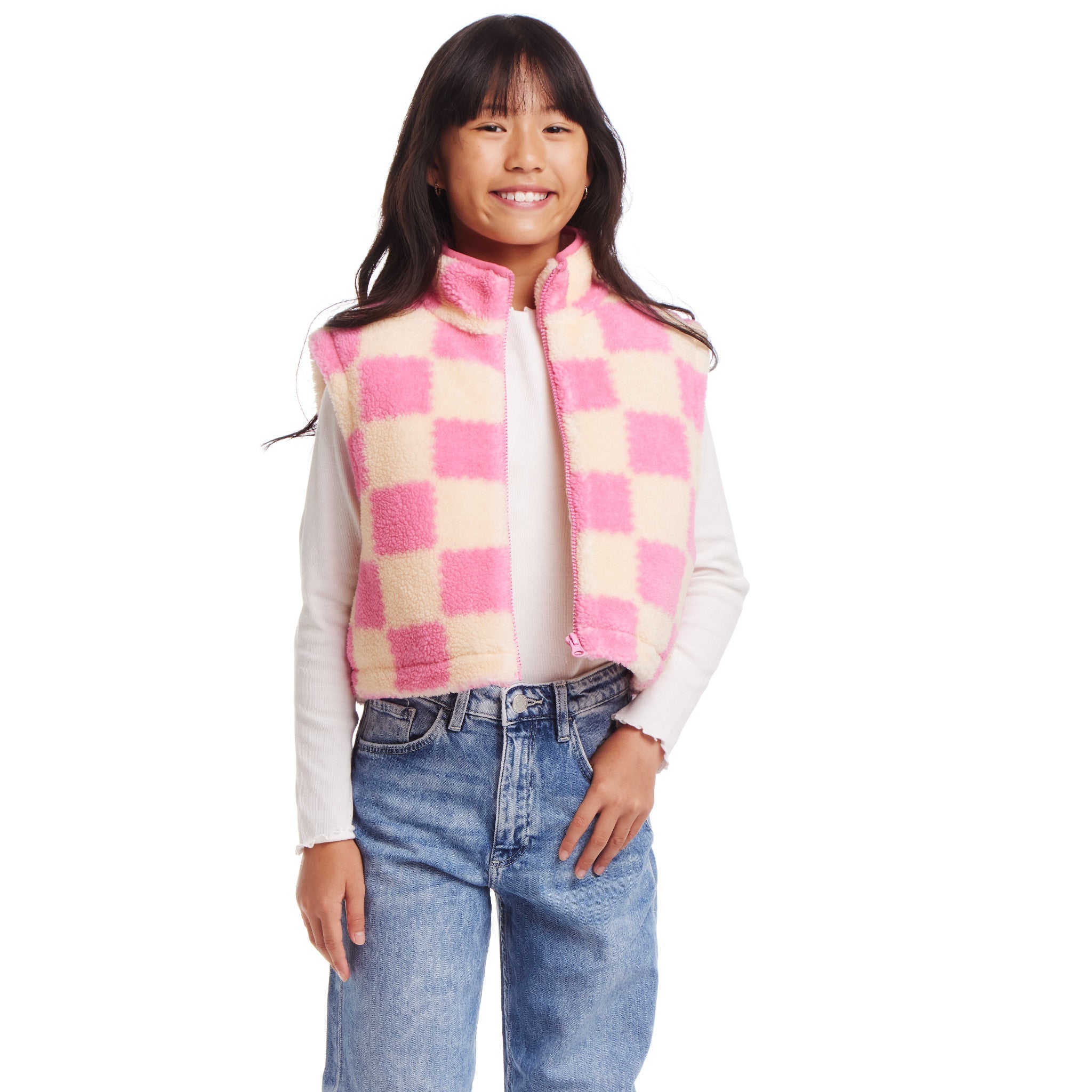 Kids Cropped Fleece Vest (size 7-16) | Pink & Cream Checkered