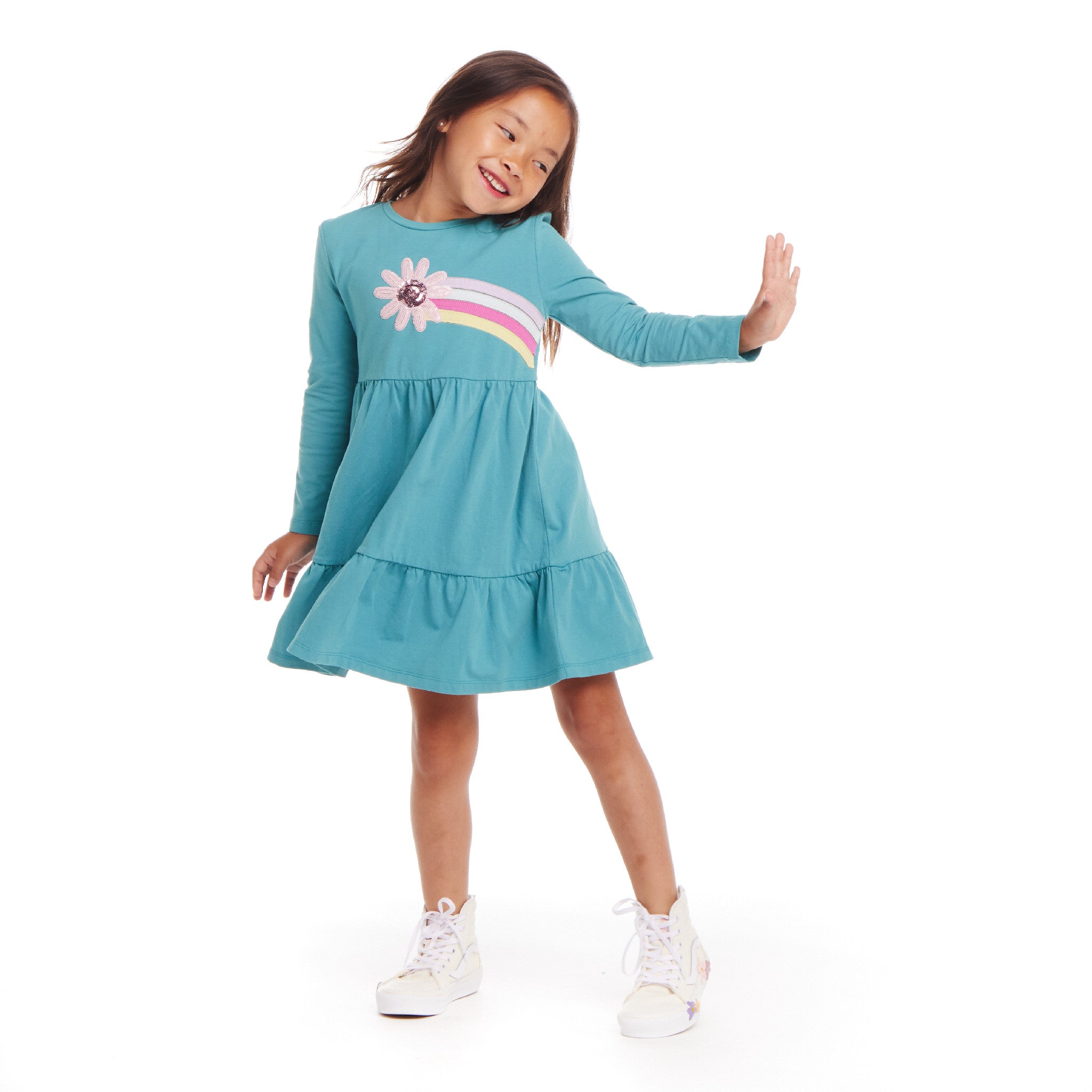 Kids Teal Jersey Dress & Faux Fur Vest Set | Rainbow Graphic