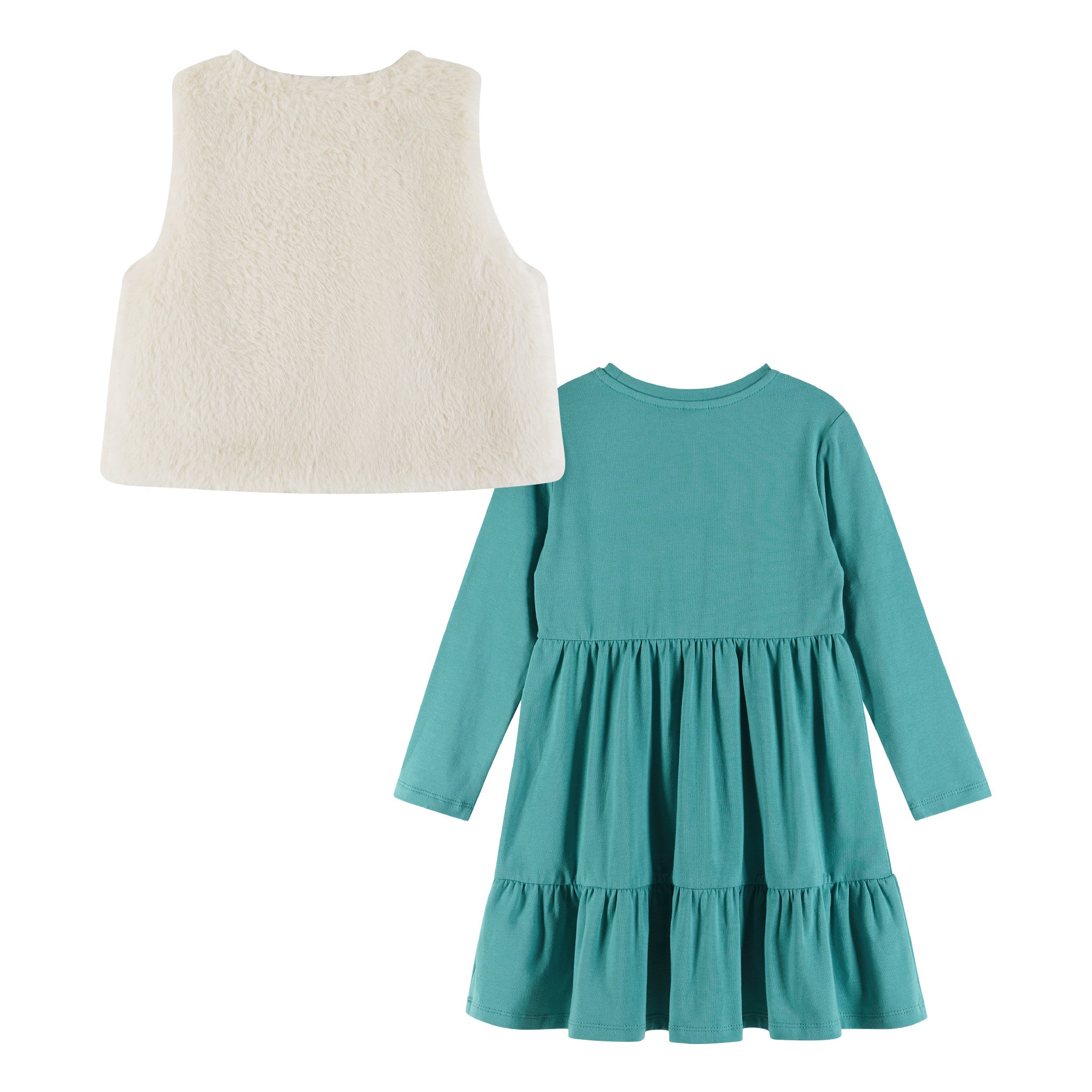 Kids Teal Jersey Dress & Faux Fur Vest Set | Rainbow Graphic